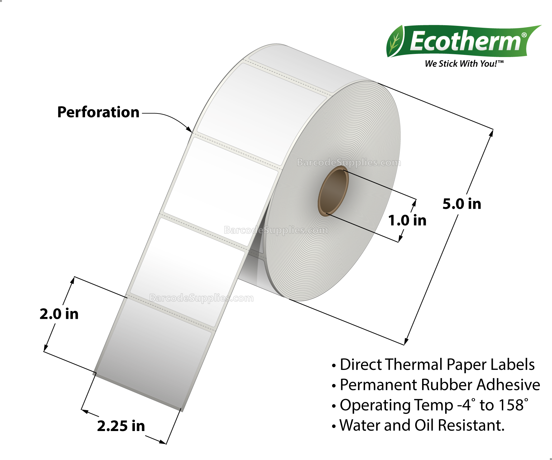 2.25 x 2 Direct Thermal White Labels With Rubber Adhesive - Perforated - 1370 Labels Per Roll - Carton Of 6 Rolls - 8220 Labels Total - MPN: ECOTHERM15128-6
