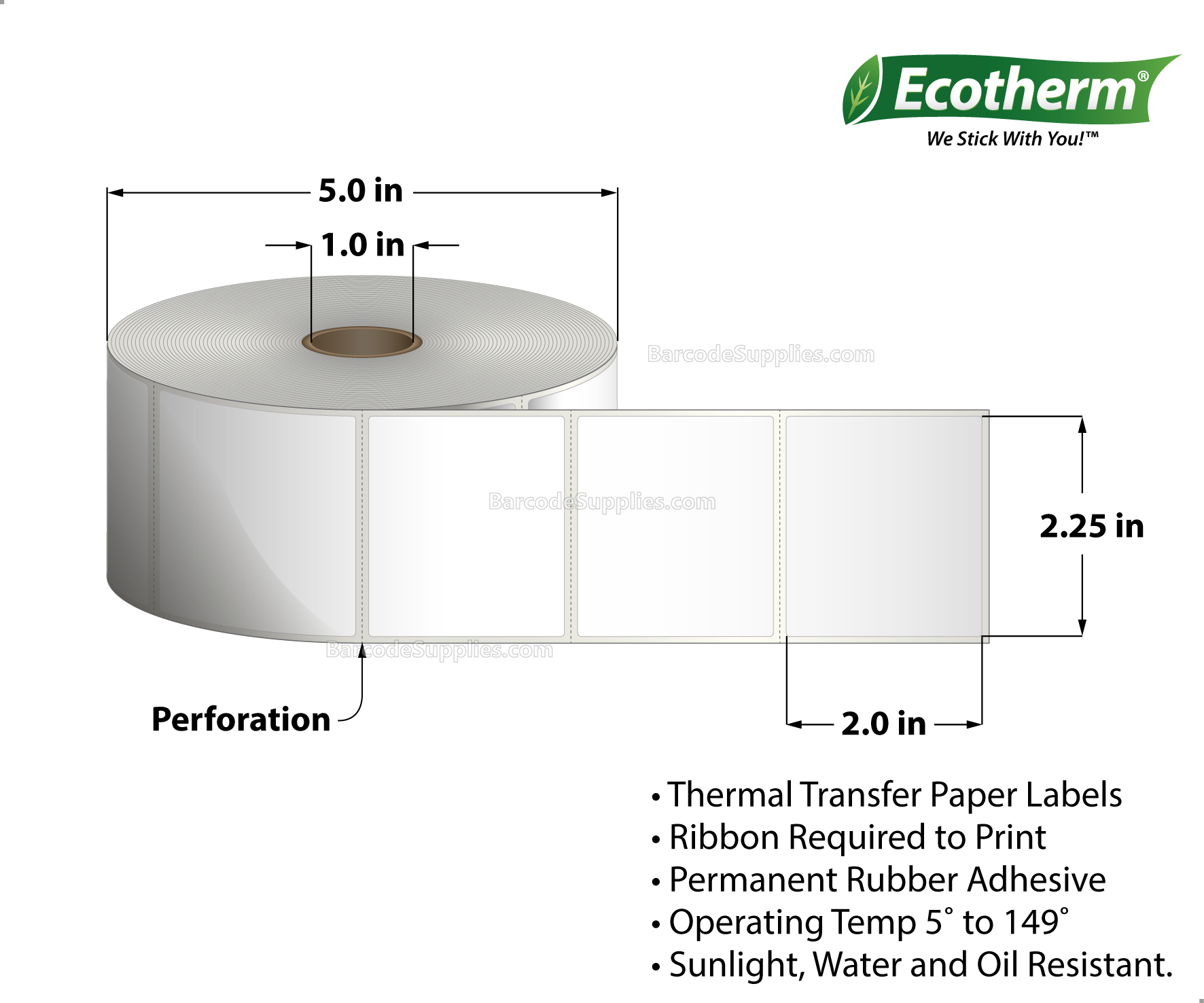 2.25 x 2 Thermal Transfer White Labels With Rubber Adhesive - Perforated - 1370 Labels Per Roll - Carton Of 6 Rolls - 8220 Labels Total - MPN: ECOTHERM25126-6