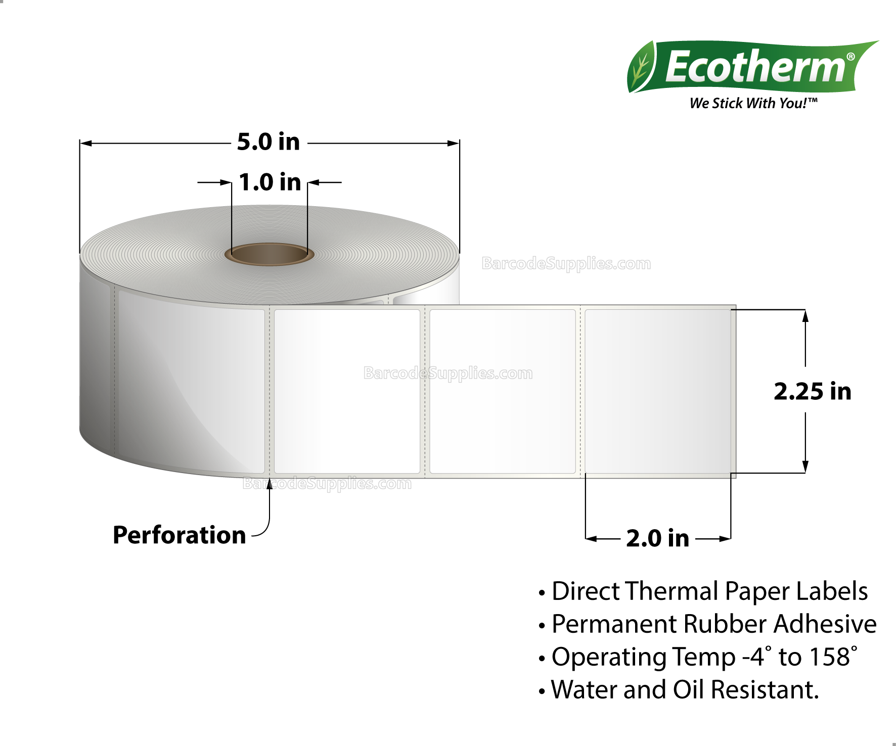 2.25 x 2 Direct Thermal White Labels With Rubber Adhesive - Perforated - 1370 Labels Per Roll - Carton Of 6 Rolls - 8220 Labels Total - MPN: ECOTHERM15128-6