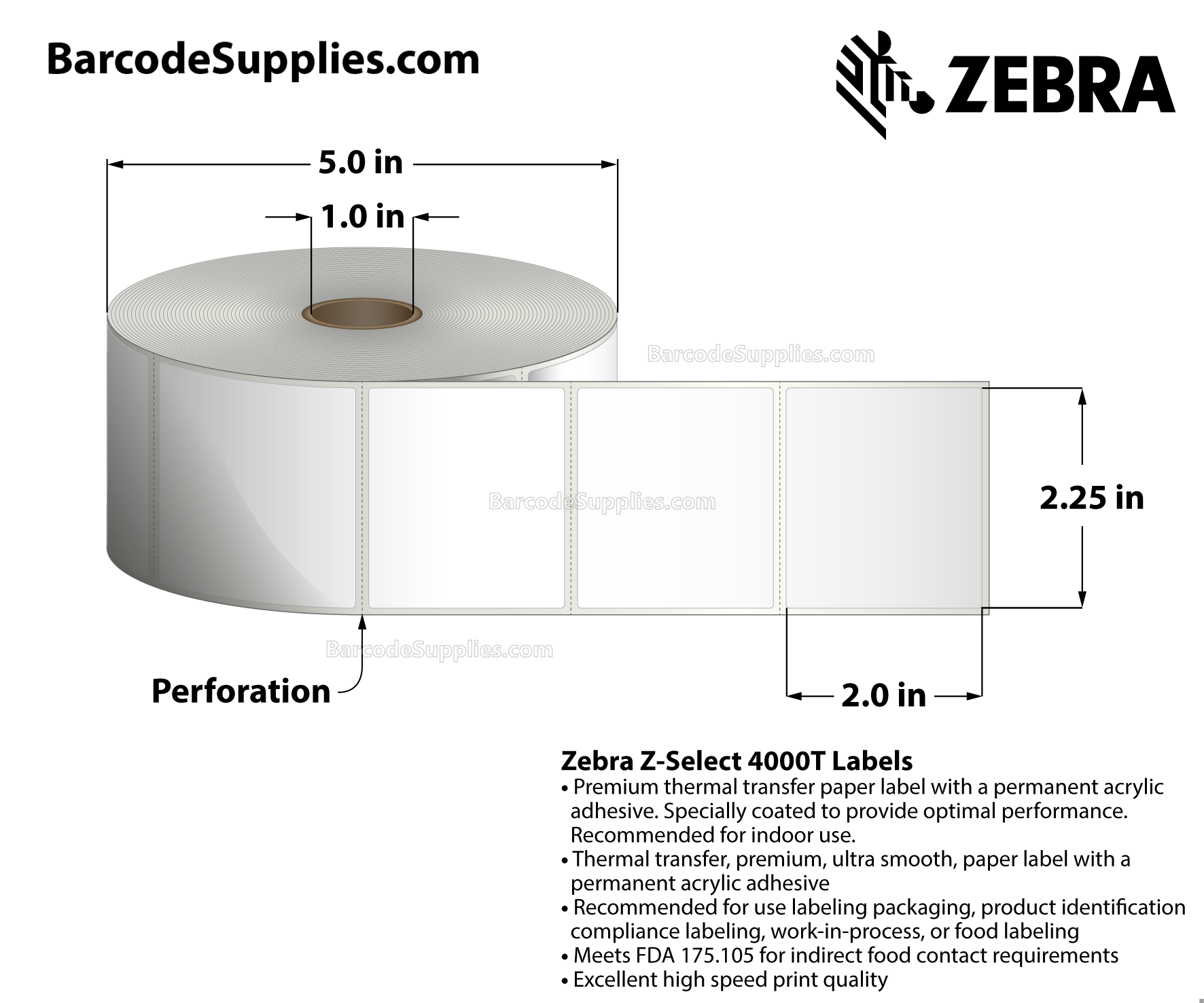 2.25 x 2 Thermal Transfer White Z-Select 4000T Labels With Permanent Adhesive - Perforated - 1370 Labels Per Roll - Carton Of 6 Rolls - 8220 Labels Total - MPN: 10009525