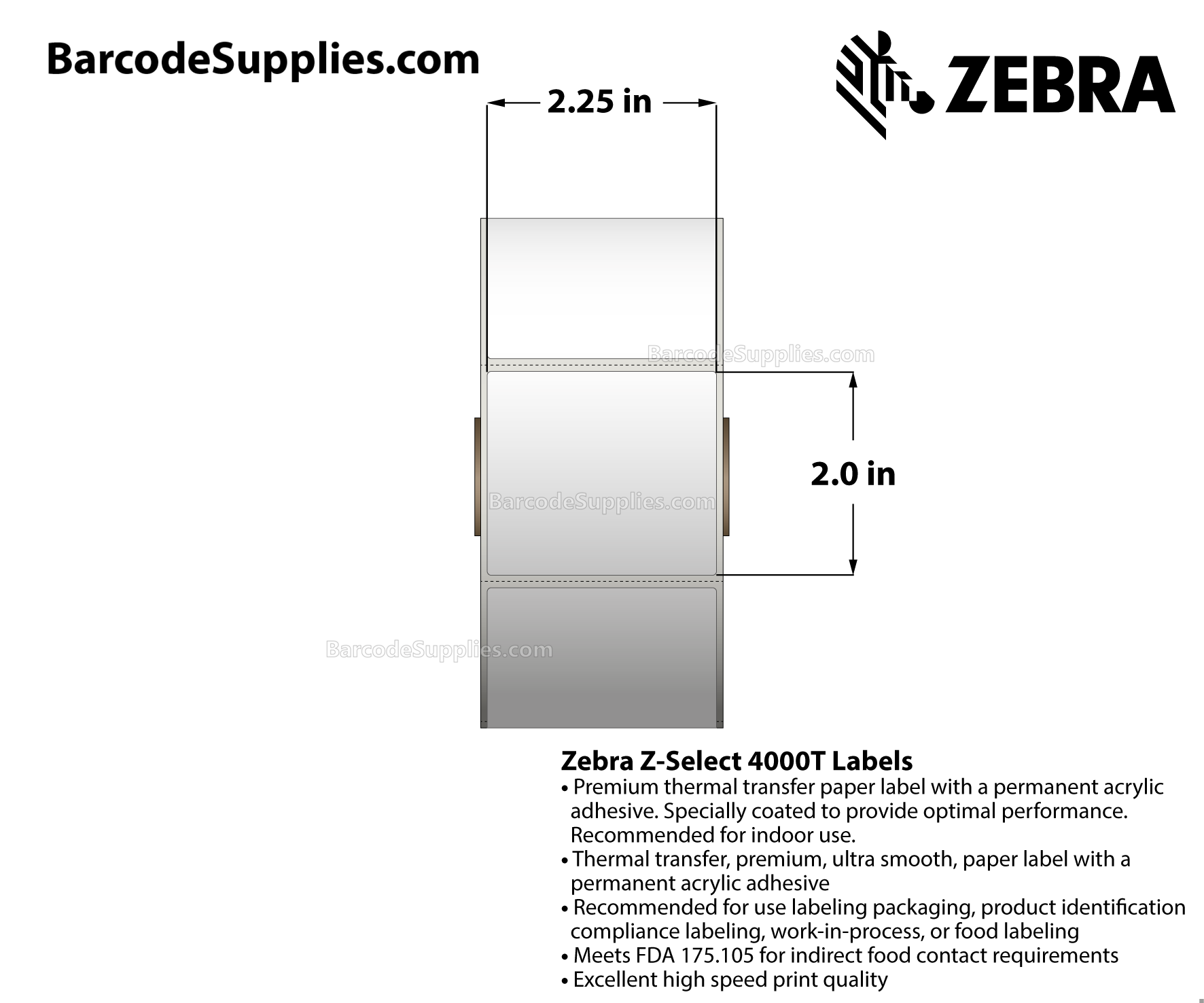 2.25 x 2 Thermal Transfer White Z-Select 4000T Labels With Permanent Adhesive - Perforated - 1370 Labels Per Roll - Carton Of 6 Rolls - 8220 Labels Total - MPN: 10009525