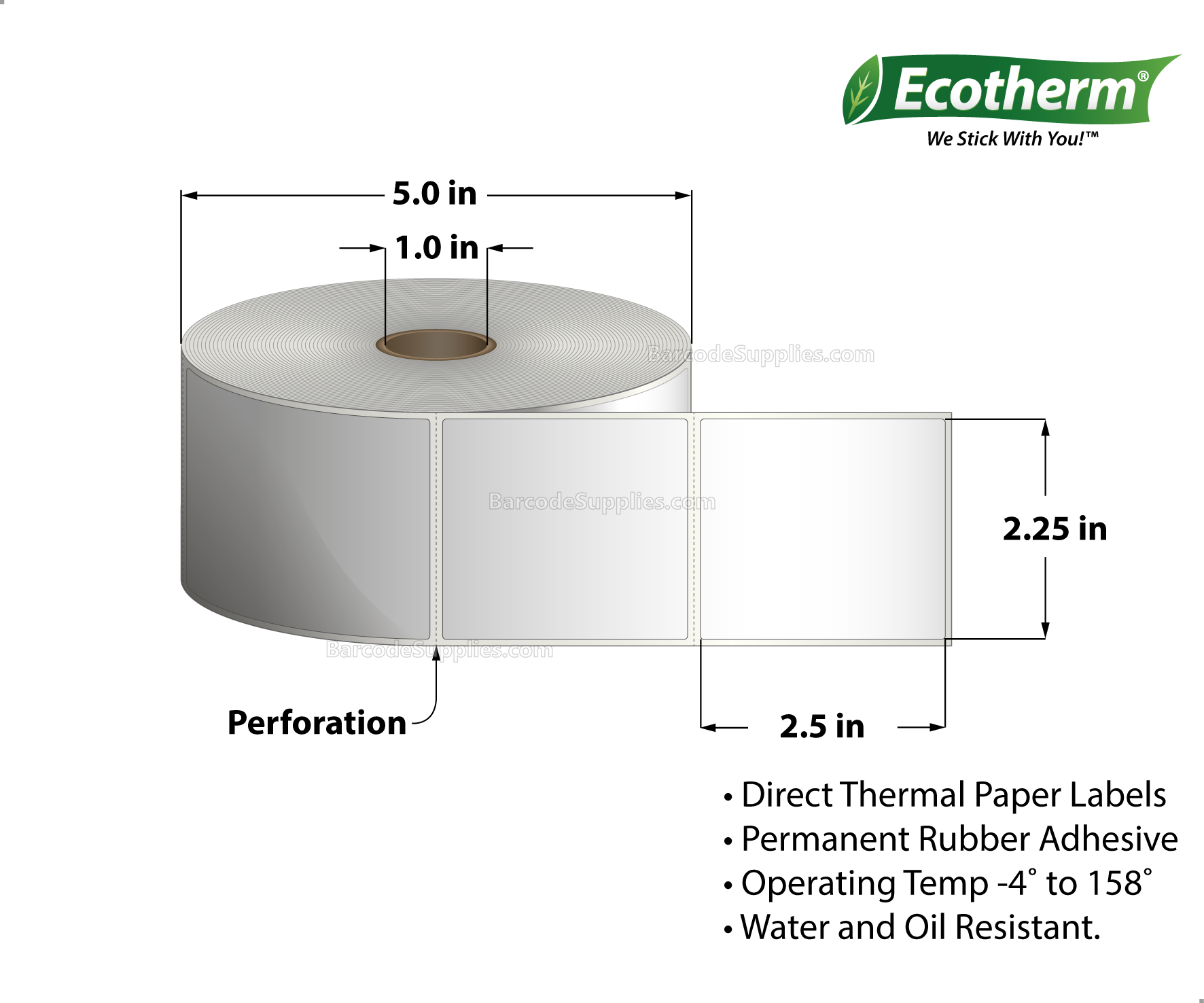 2.25 x 2.5 Direct Thermal White Labels With Rubber Adhesive - Perforated - 1000 Labels Per Roll - Carton Of 6 Rolls - 6000 Labels Total - MPN: ECOTHERM15130-6