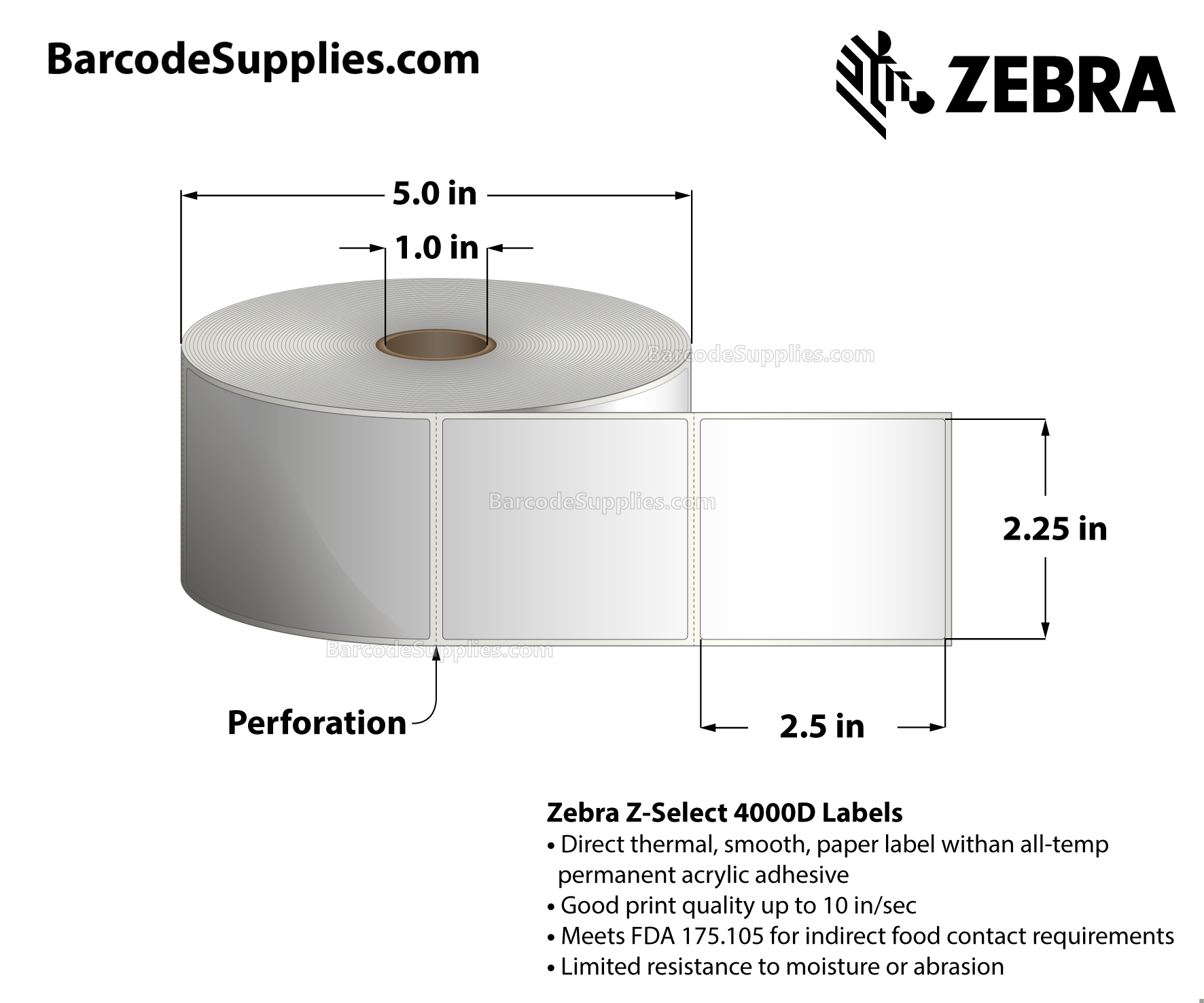 2.25 x 2.5 Direct Thermal White Z-Select 4000D Labels With All-Temp Adhesive - Perforated - 1000 Labels Per Roll - Carton Of 4 Rolls - 4000 Labels Total - MPN: 10010041
