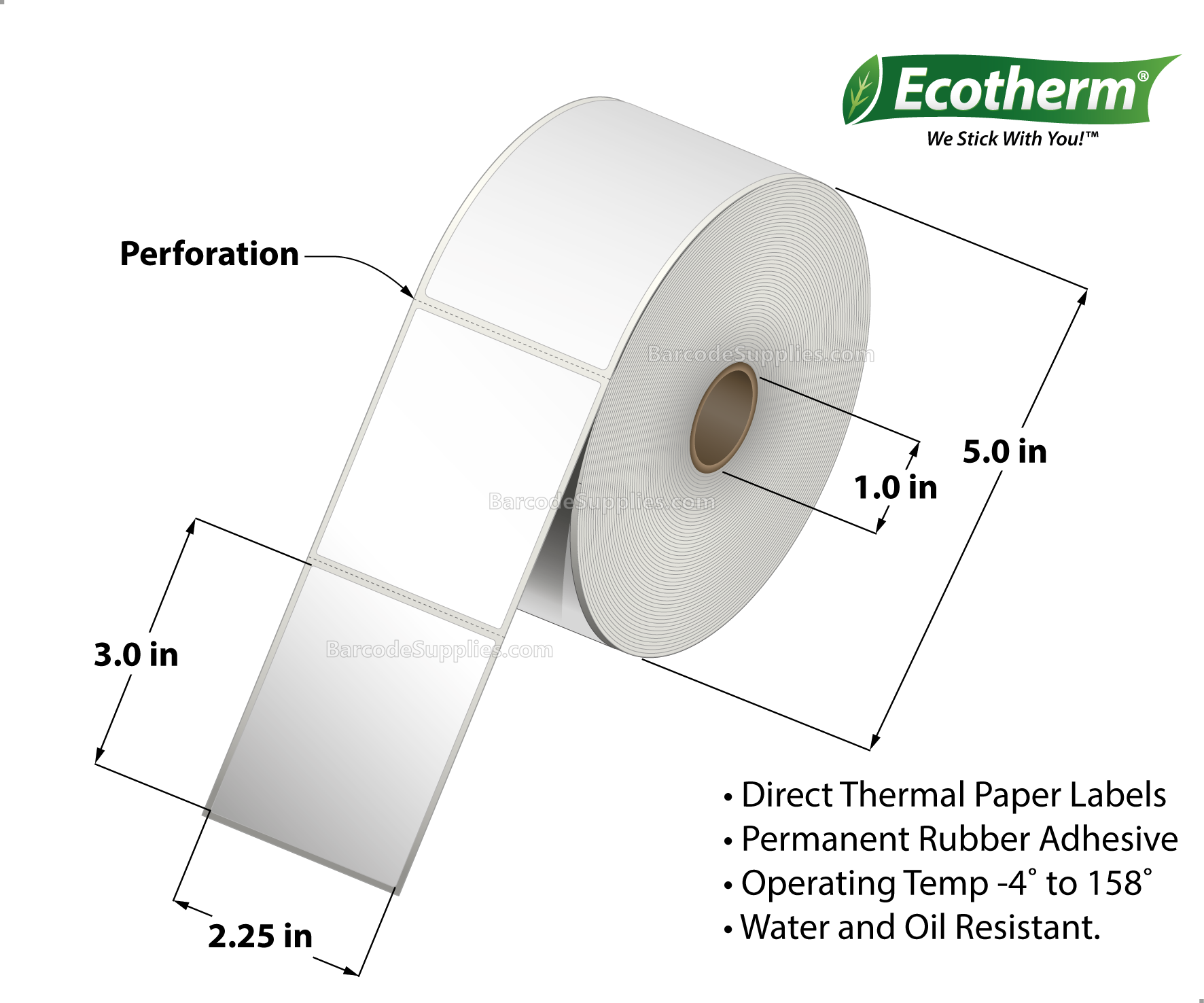 2.25 x 3 Direct Thermal White Labels With Rubber Adhesive - Perforated - 840 Labels Per Roll - Carton Of 6 Rolls - 5040 Labels Total - MPN: ECOTHERM15131-6
