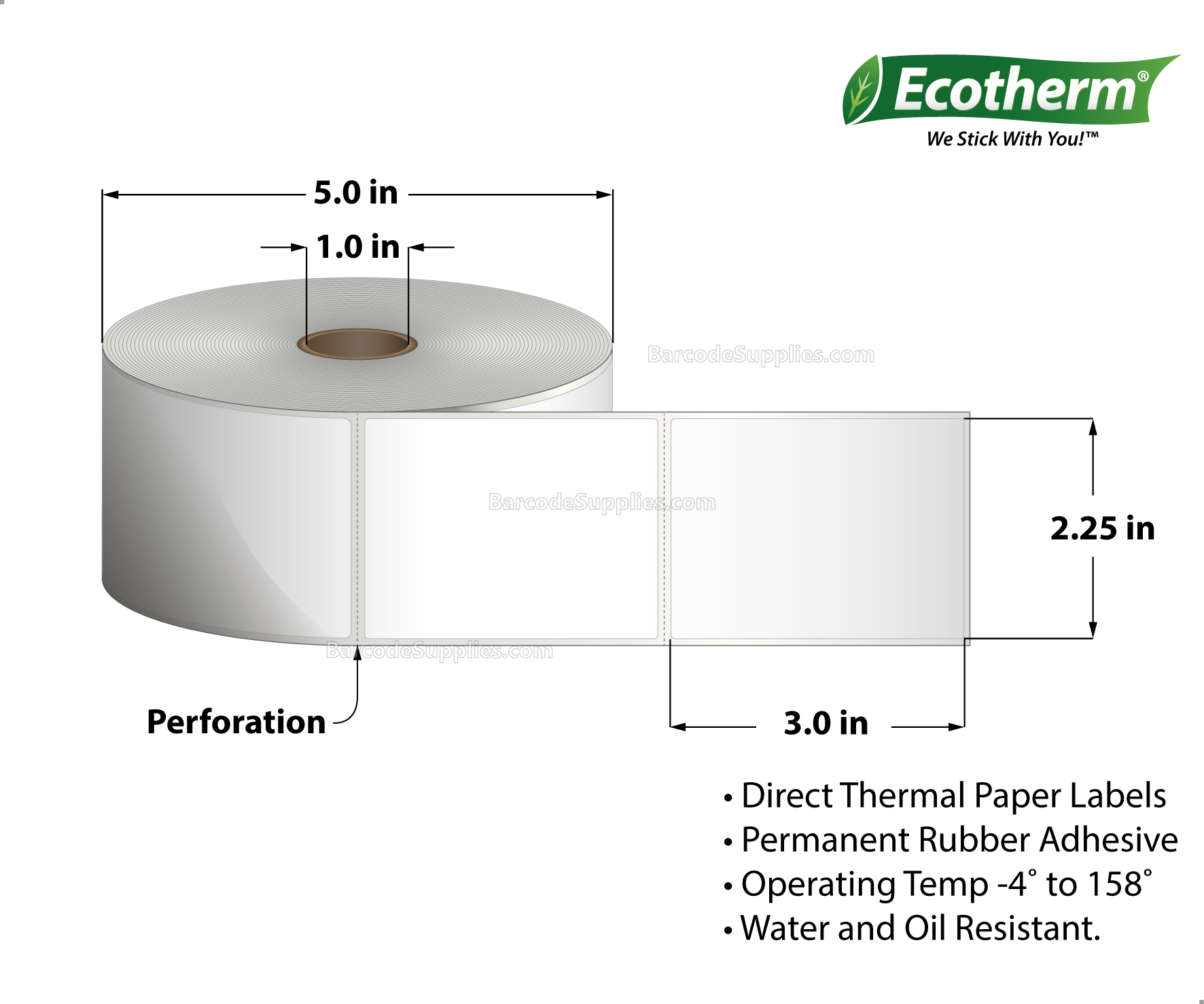 2.25 x 3 Direct Thermal White Labels With Rubber Adhesive - Perforated - 840 Labels Per Roll - Carton Of 6 Rolls - 5040 Labels Total - MPN: ECOTHERM15131-6