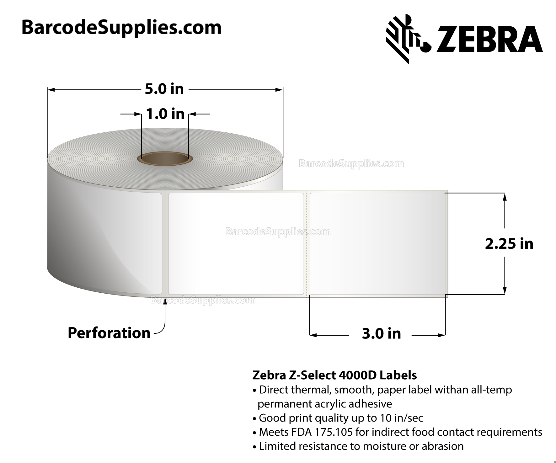 2.25 x 3 Direct Thermal White Z-Select 4000D Labels With All-Temp Adhesive - Perforated - 840 Labels Per Roll - Carton Of 6 Rolls - 5040 Labels Total - MPN: 10010042