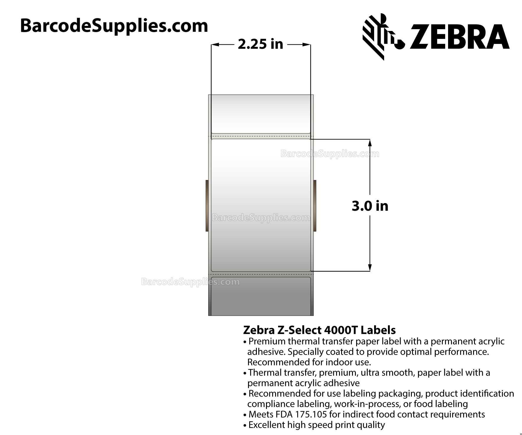2.25 x 3 Thermal Transfer White Z-Select 4000T Labels With Permanent Adhesive - Perforated - 930 Labels Per Roll - Carton Of 6 Rolls - 5580 Labels Total - MPN: 10009526