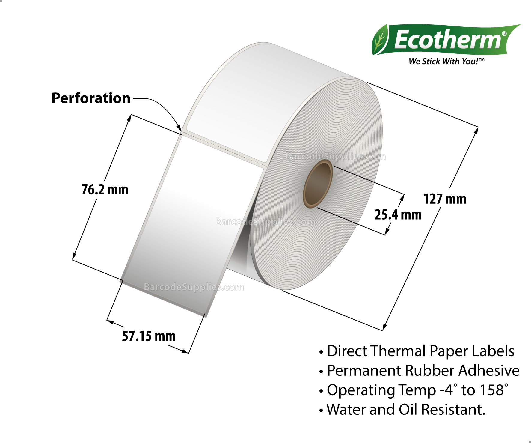 2.25 x 4 Direct Thermal White Labels With Rubber Adhesive - Perforated - 700 Labels Per Roll - Carton Of 6 Rolls - 4200 Labels Total - MPN: ECOTHERM15132-6