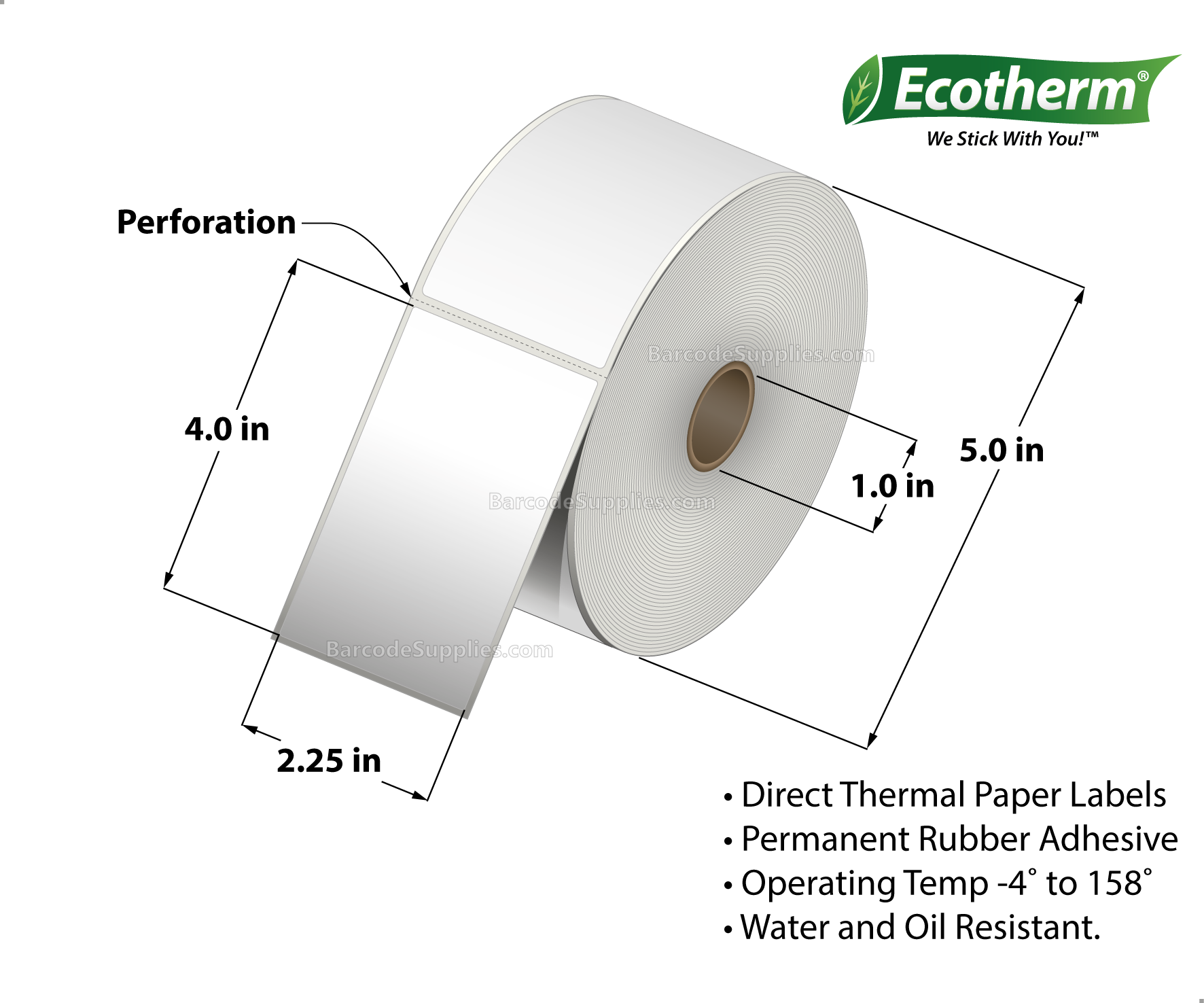 2.25 x 4 Direct Thermal White Labels With Rubber Adhesive - Perforated - 700 Labels Per Roll - Carton Of 6 Rolls - 4200 Labels Total - MPN: ECOTHERM15132-6