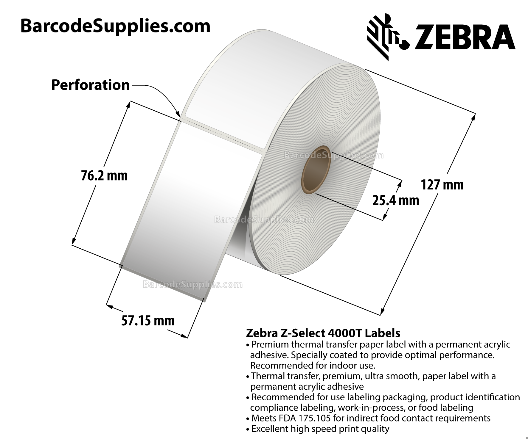 2.25 x 4 Thermal Transfer White Z-Select 4000T Labels With Permanent Adhesive - Perforated - 700 Labels Per Roll - Carton Of 6 Rolls - 4200 Labels Total - MPN: 10009527