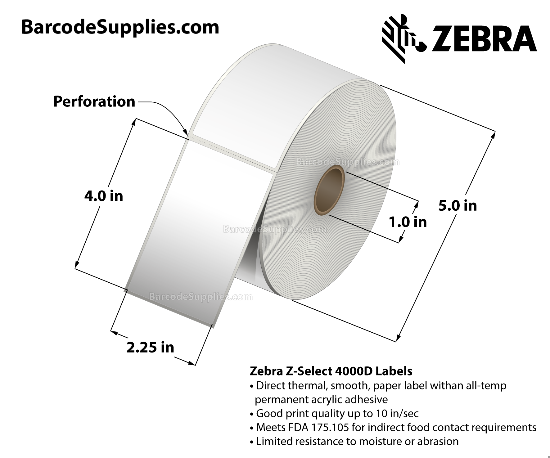 2.25 x 4 Direct Thermal White Z-Select 4000D Labels With Permanent Adhesive - Perforated - 700 Labels Per Roll - Carton Of 12 Rolls - 8400 Labels Total - MPN: 10015343