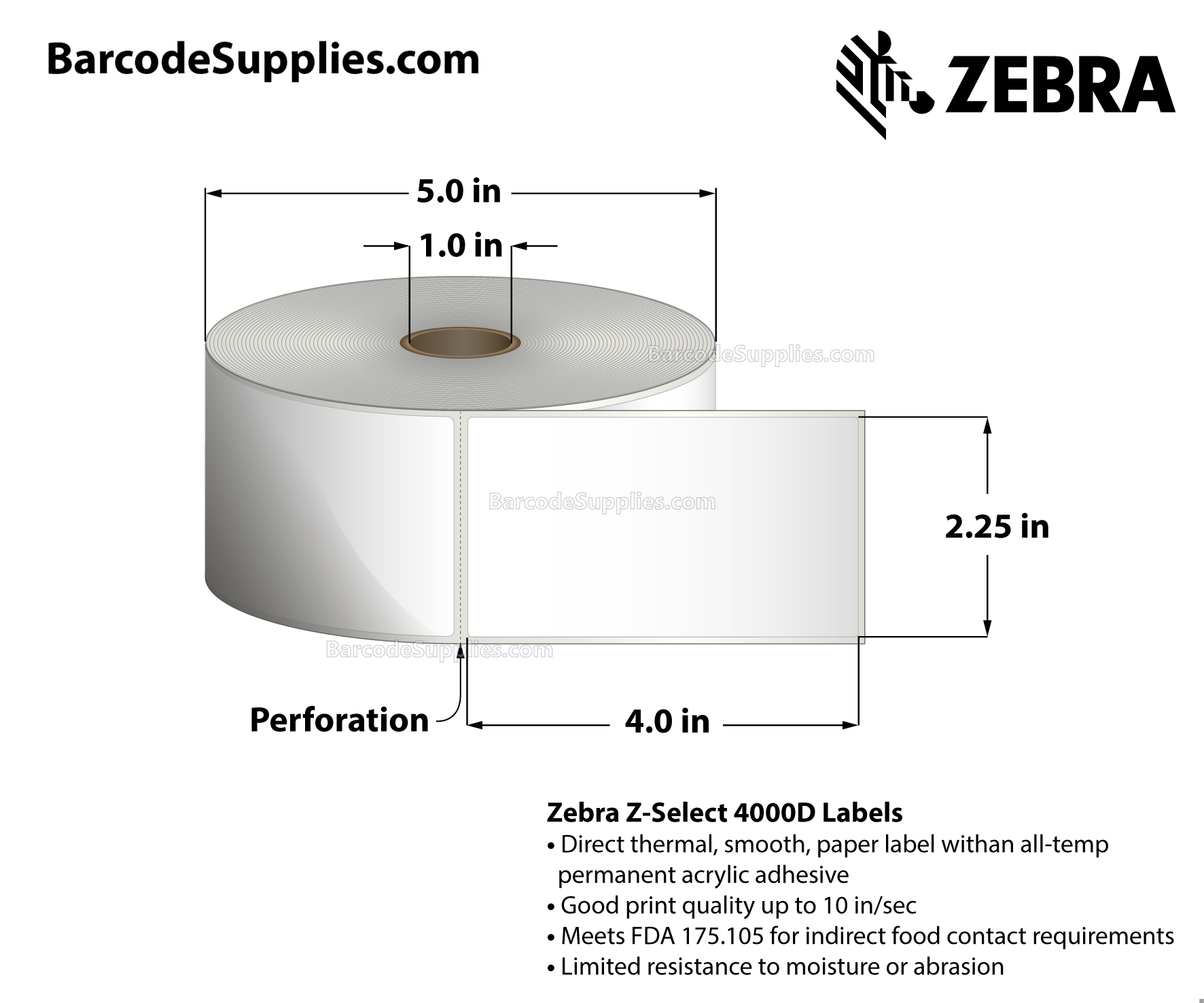 2.25 x 4 Direct Thermal White Z-Select 4000D Labels With Permanent Adhesive - Perforated - 700 Labels Per Roll - Carton Of 12 Rolls - 8400 Labels Total - MPN: 10015343