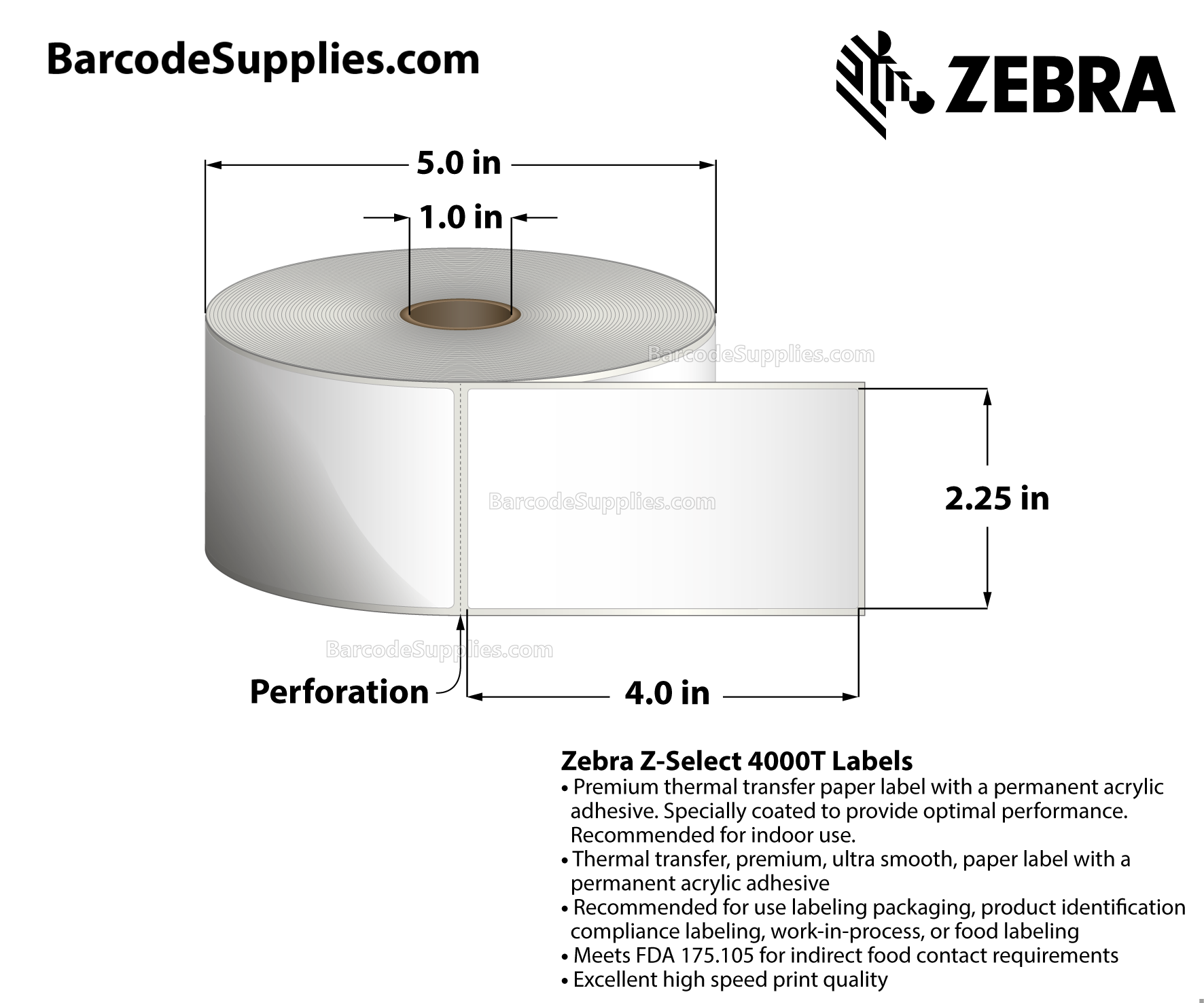 2.25 x 4 Thermal Transfer White Z-Select 4000T Labels With Permanent Adhesive - Perforated - 700 Labels Per Roll - Carton Of 6 Rolls - 4200 Labels Total - MPN: 10009527