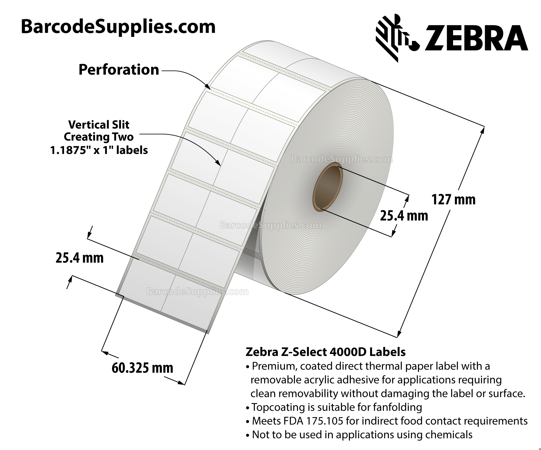 2.375 x 1 Direct Thermal White Z-Select 4000D Labels With All-Temp Adhesive - Center vertical slit creating two 1.1875" x 1" labels - Perforated - 2340 Labels Per Roll - Carton Of 6 Rolls - 14040 Labels Total - MPN: 10010050