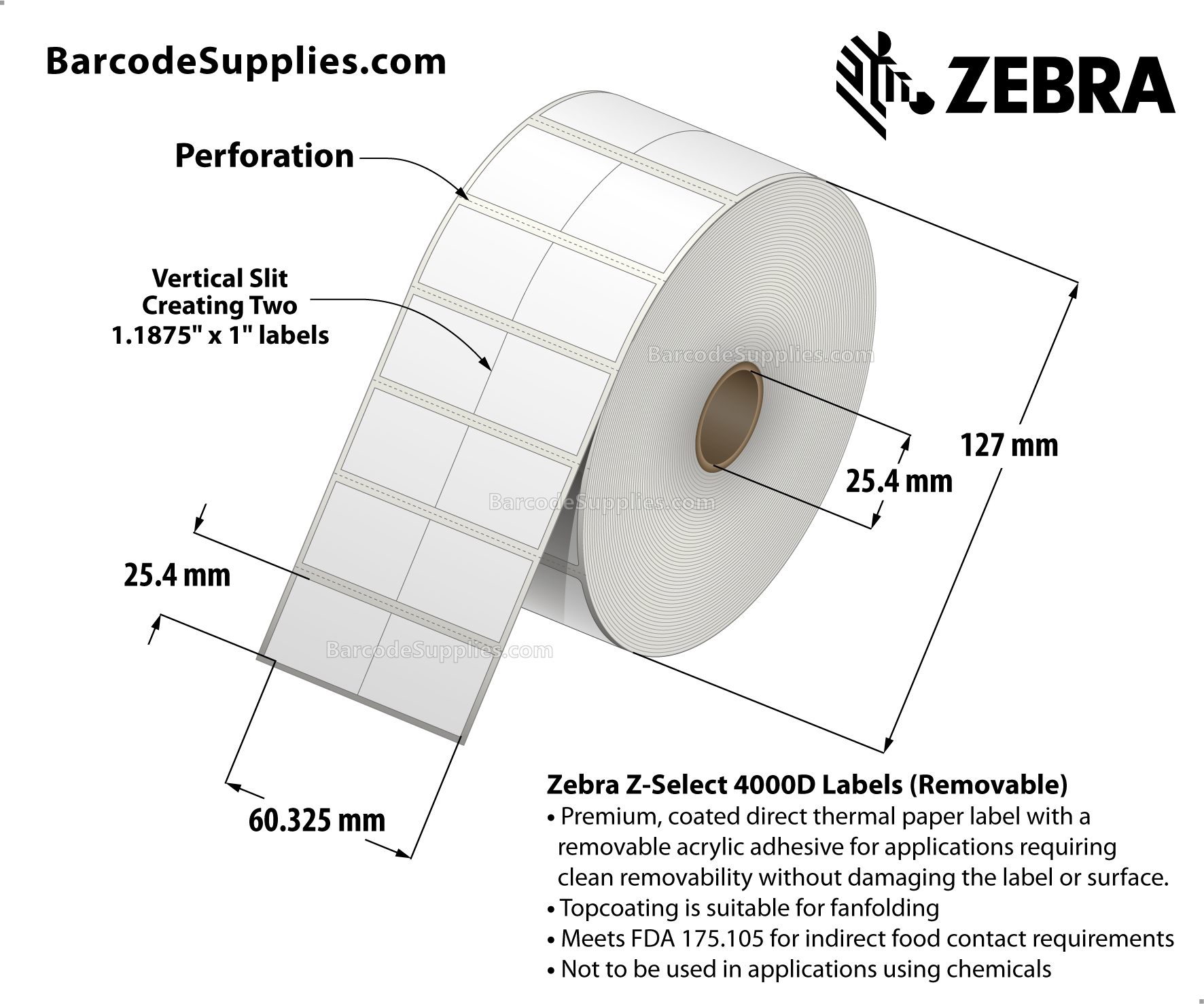 2.375 x 1 Direct Thermal White Z-Select 4000D Removable Labels With Removable Adhesive - Center vertical slit creating two 1.1875" x 1" labels - Perforated - 2260 Labels Per Roll - Carton Of 6 Rolls - 13560 Labels Total - MPN: 10010052