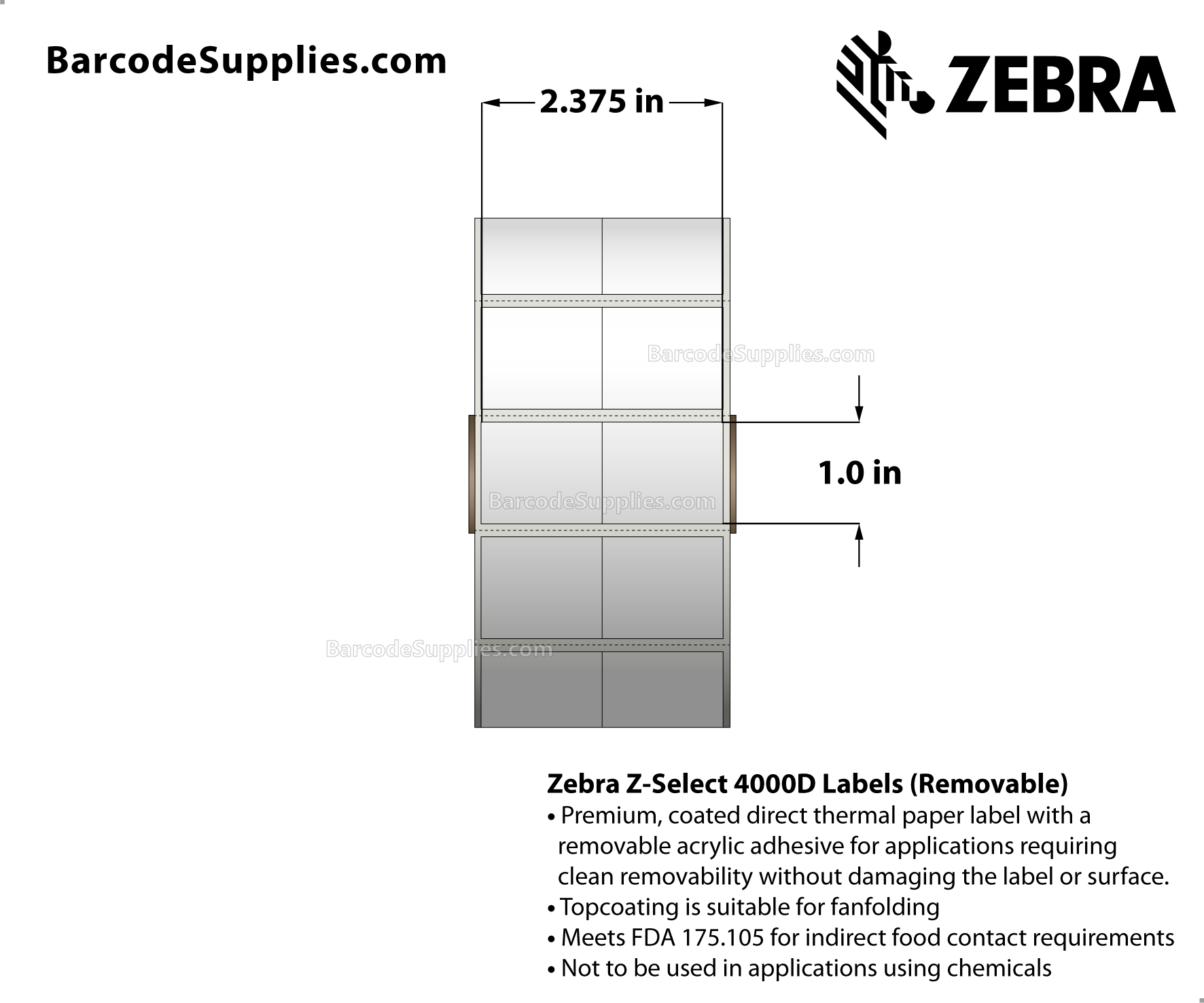 2.375 x 1 Direct Thermal White Z-Select 4000D Removable Labels With Removable Adhesive - Center vertical slit creating two 1.1875" x 1" labels - Perforated - 2260 Labels Per Roll - Carton Of 6 Rolls - 13560 Labels Total - MPN: 10010052