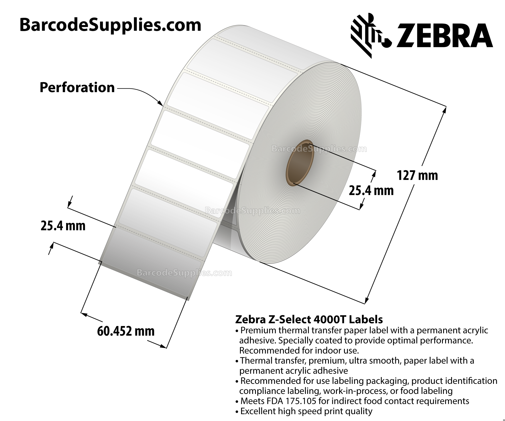 2.38 x 1 Thermal Transfer White Z-Select 4000T Labels With Permanent Adhesive - Labels have center vertical slit creating two 1.1875" x 1" labels - Perforated - 2580 Labels Per Roll - Carton Of 6 Rolls - 15480 Labels Total - MPN: 10005848