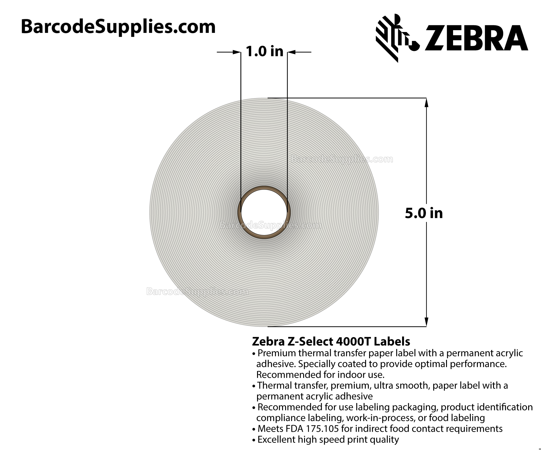 2.38 x 1 Thermal Transfer White Z-Select 4000T Labels With Permanent Adhesive - Labels have center vertical slit creating two 1.1875" x 1" labels - Perforated - 2580 Labels Per Roll - Carton Of 6 Rolls - 15480 Labels Total - MPN: 10005848