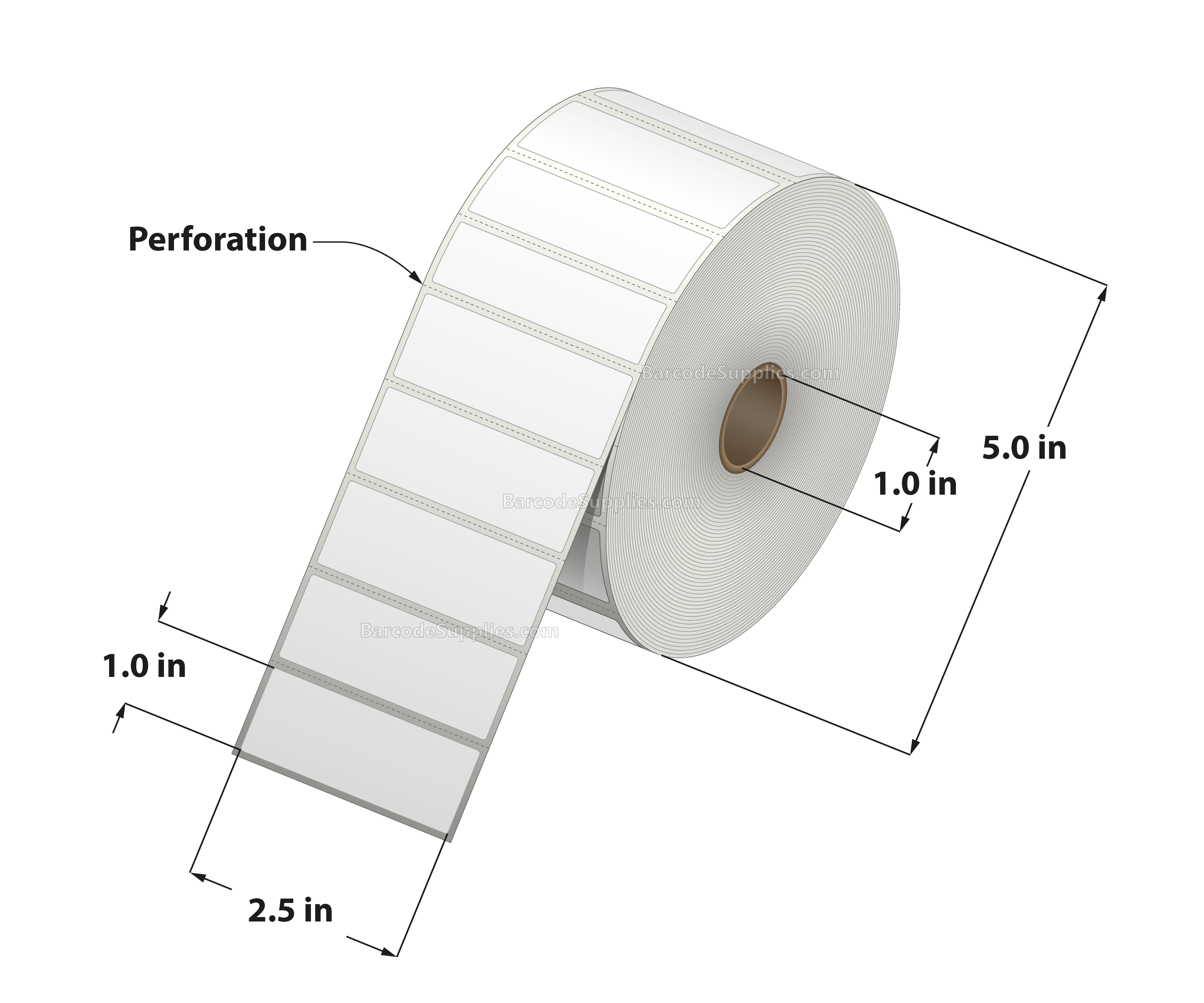 2.5 x 1 Thermal Transfer White Labels With Permanent Adhesive - Perforated - 2500 Labels Per Roll - Carton Of 12 Rolls - 30000 Labels Total - MPN: RT-25-1-2500-1 - BarcodeSource, Inc.