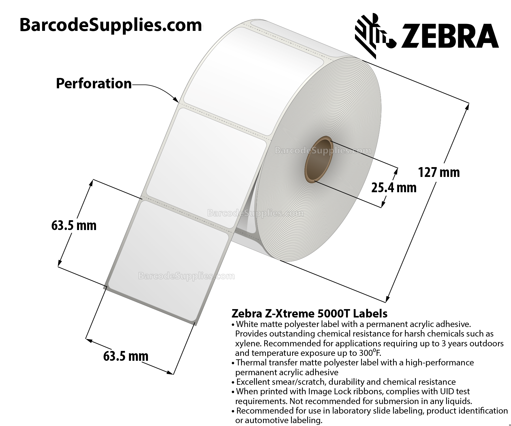 2.5 x 2.5 Thermal Transfer White Z-Xtreme 5000T Labels With Permanent Adhesive - Perforated - 900 Labels Per Roll - Carton Of 1 Rolls - 900 Labels Total - MPN: 10023252