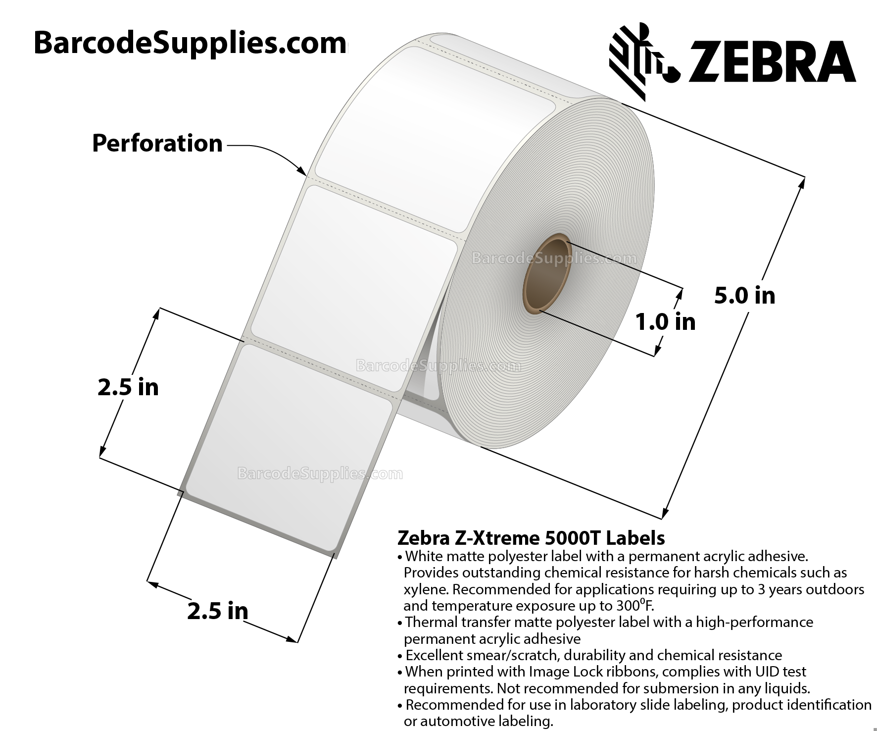 2.5 x 2.5 Thermal Transfer White Z-Xtreme 5000T Labels With Permanent Adhesive - Perforated - 900 Labels Per Roll - Carton Of 1 Rolls - 900 Labels Total - MPN: 10023252