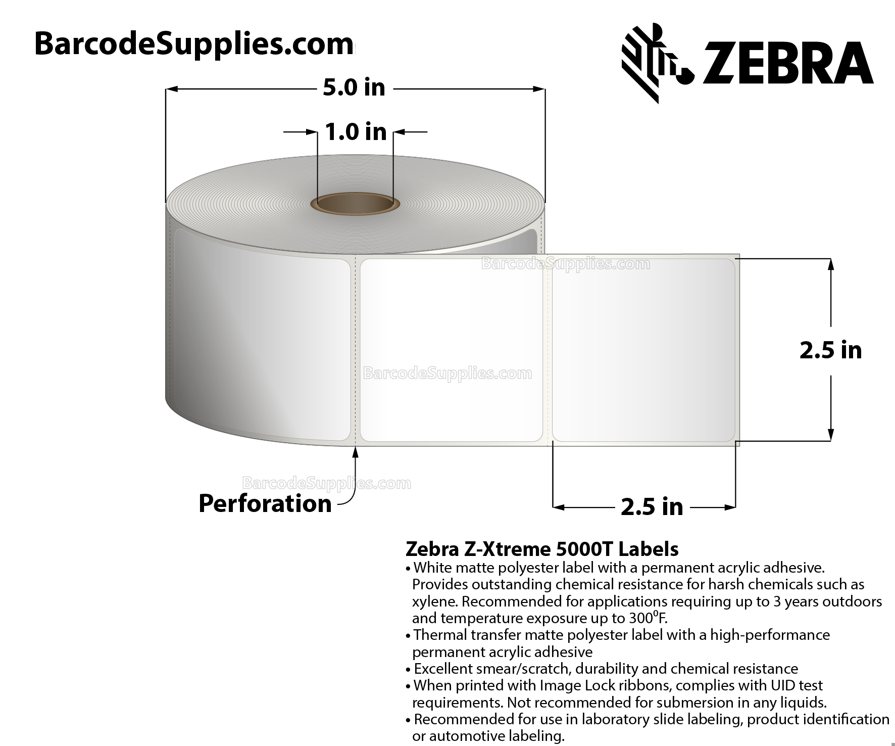 2.5 x 2.5 Thermal Transfer White Z-Xtreme 5000T Labels With Permanent Adhesive - Perforated - 900 Labels Per Roll - Carton Of 1 Rolls - 900 Labels Total - MPN: 10023252
