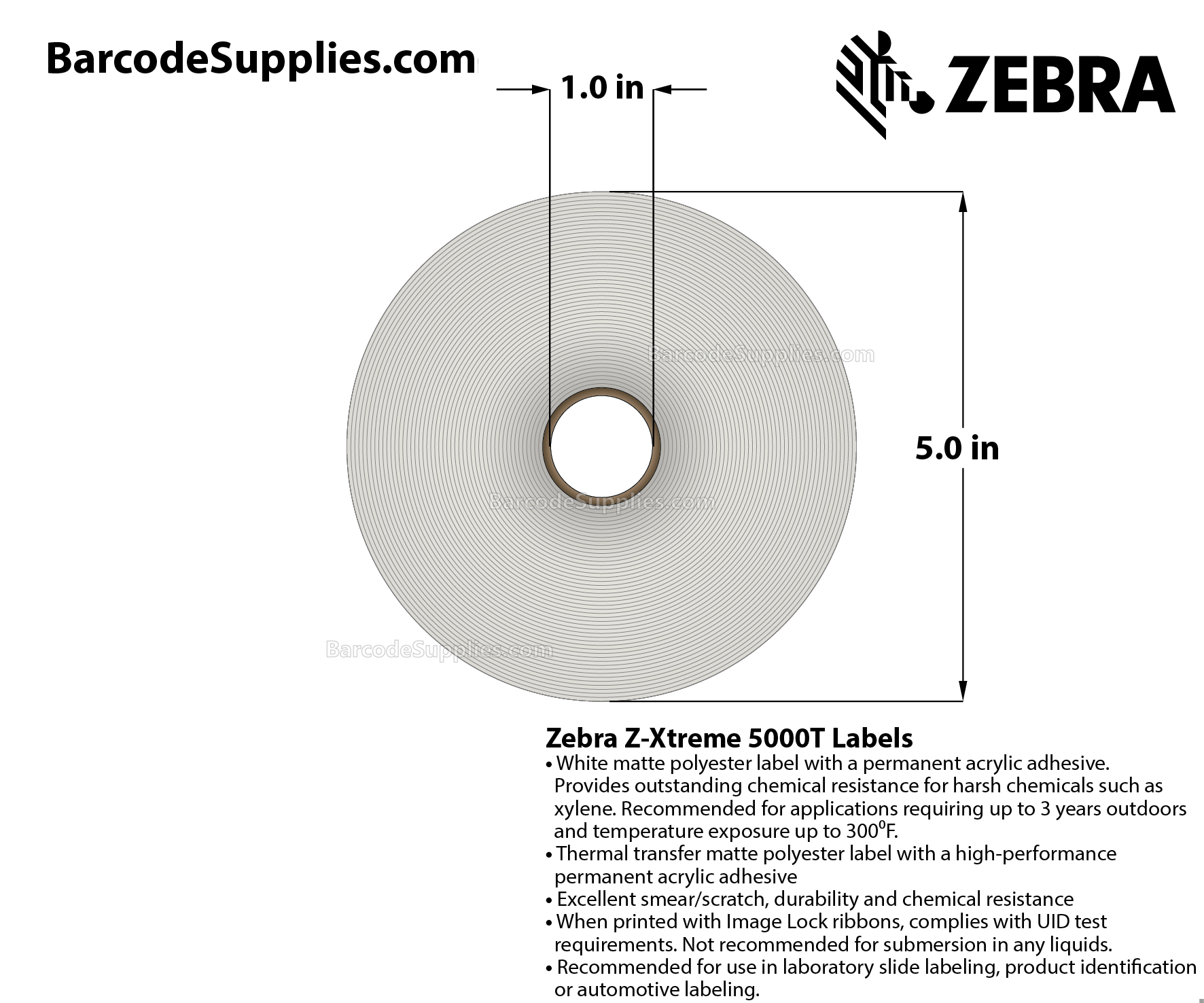 2.5 x 2.5 Thermal Transfer White Z-Xtreme 5000T Labels With Permanent Adhesive - Perforated - 900 Labels Per Roll - Carton Of 1 Rolls - 900 Labels Total - MPN: 10023252