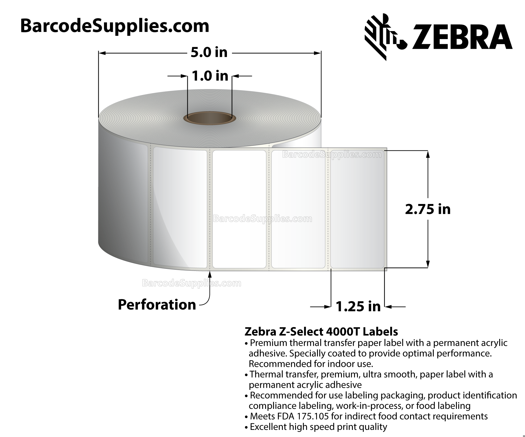 2.75 x 1.25 Thermal Transfer White Z-Select 4000T Labels With Permanent Adhesive - Perforated - 1850 Labels Per Roll - Carton Of 4 Rolls - 7400 Labels Total - MPN: 83260