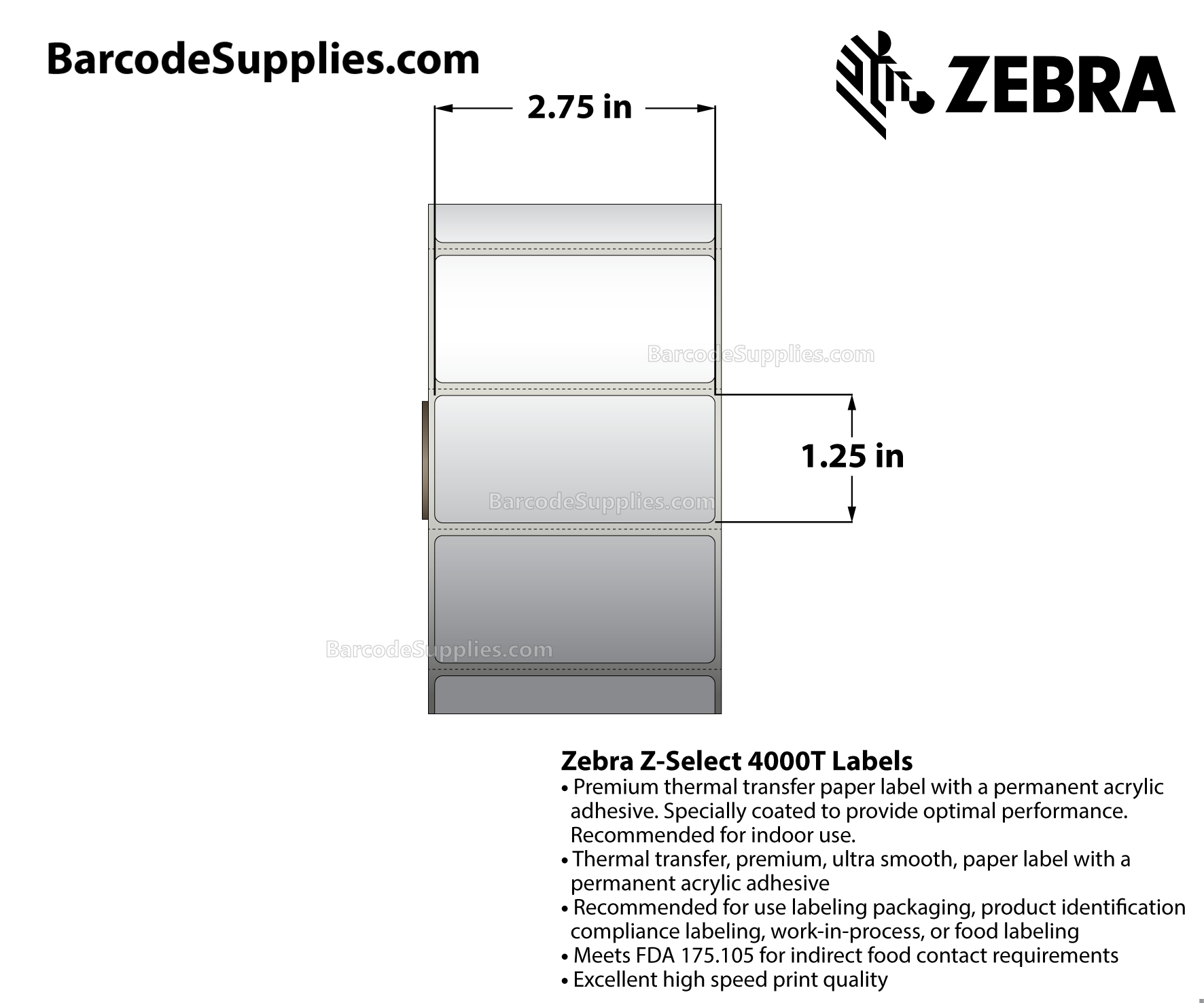 2.75 x 1.25 Thermal Transfer White Z-Select 4000T Labels With Permanent Adhesive - Perforated - 1850 Labels Per Roll - Carton Of 4 Rolls - 7400 Labels Total - MPN: 83260