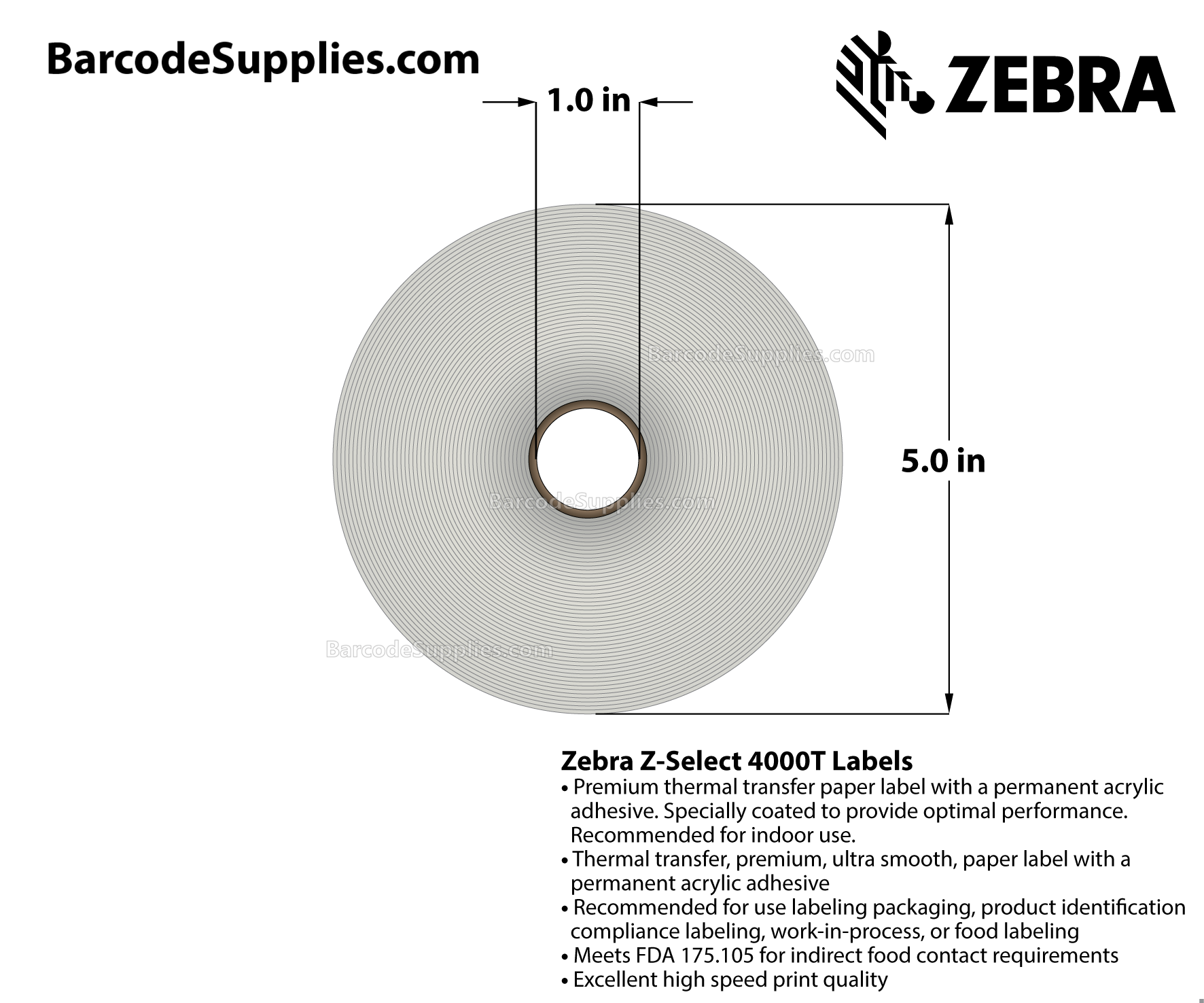 2.75 x 1.25 Thermal Transfer White Z-Select 4000T Labels With Permanent Adhesive - Perforated - 1850 Labels Per Roll - Carton Of 4 Rolls - 7400 Labels Total - MPN: 83260