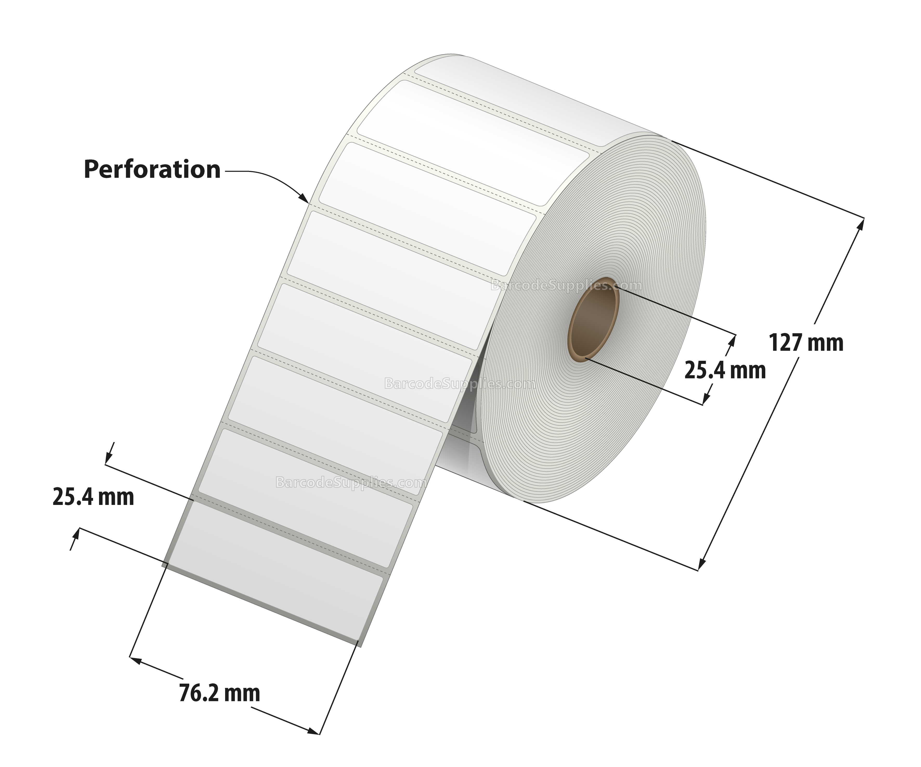 3 x 1 Thermal Transfer White Labels With Permanent Adhesive - Perforated - 2500 Labels Per Roll - Carton Of 12 Rolls - 30000 Labels Total - MPN: RT-3-1-2500-1 - BarcodeSource, Inc.