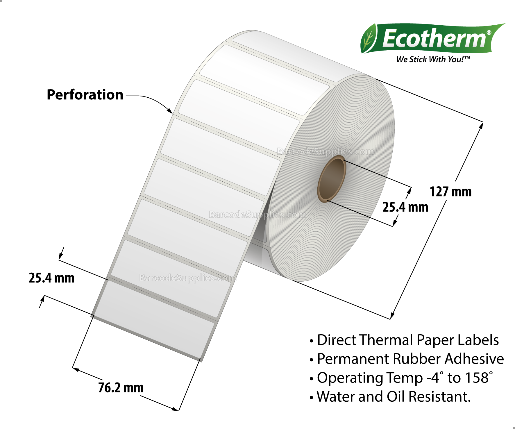 3 x 1 Direct Thermal White Labels With Rubber Adhesive - Perforated - 2500 Labels Per Roll - Carton Of 6 Rolls - 15000 Labels Total - MPN: ECOTHERM15137-6