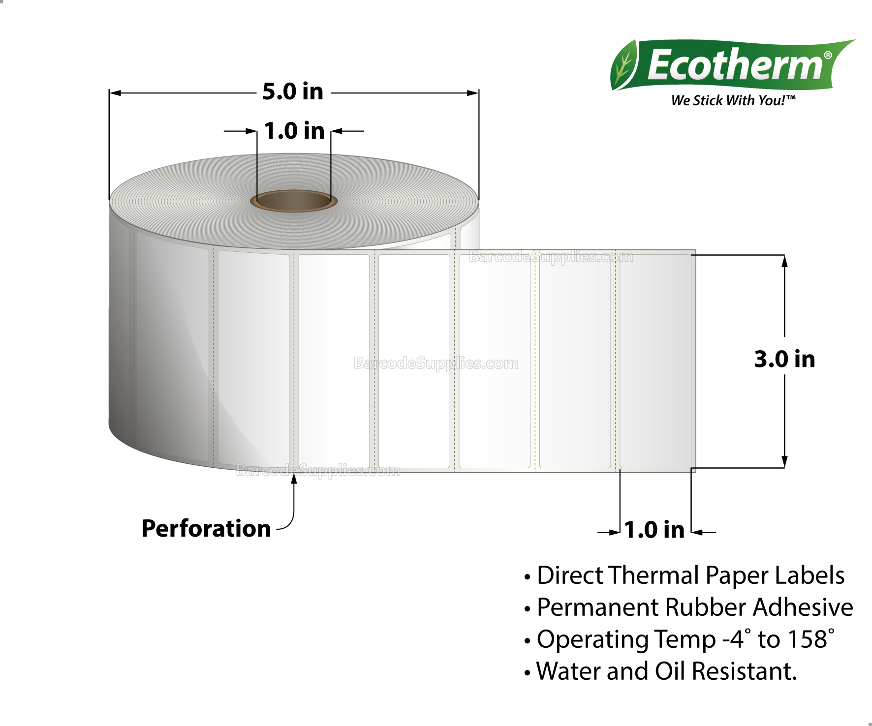 3 x 1 Direct Thermal White Labels With Rubber Adhesive - Perforated - 2500 Labels Per Roll - Carton Of 6 Rolls - 15000 Labels Total - MPN: ECOTHERM15137-6