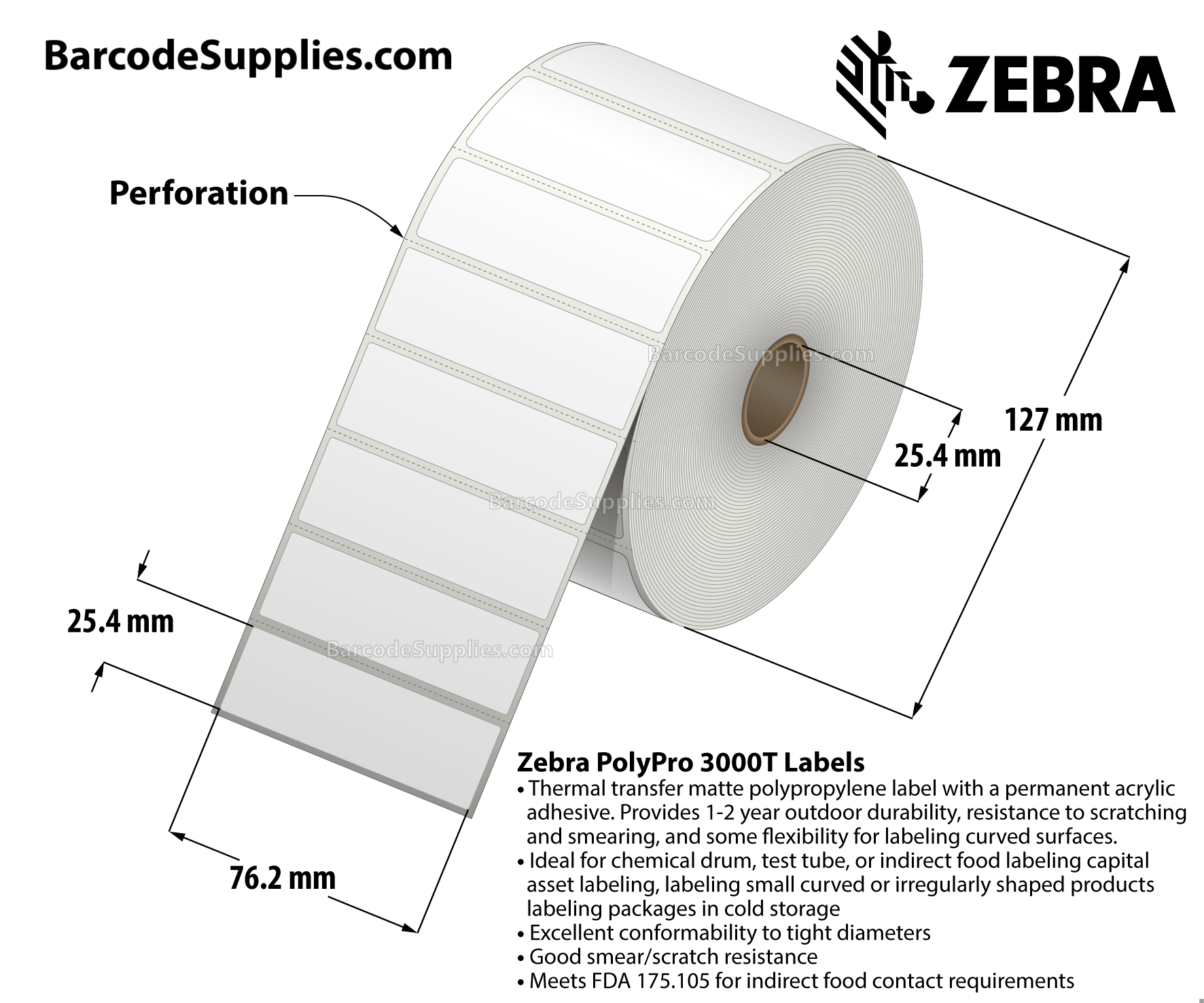 3 x 1 Thermal Transfer White PolyPro 3000T Labels With Permanent Adhesive - Perforated - 2100 Labels Per Roll - Carton Of 8 Rolls - 16800 Labels Total - MPN: 18924