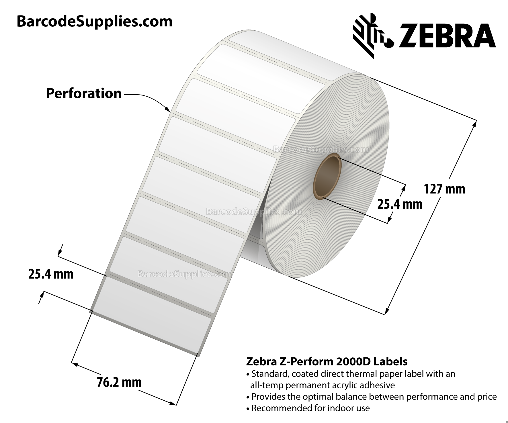 3 x 1 Direct Thermal White Z-Perform 2000D Labels With All-Temp Adhesive - Perforated - 2340 Labels Per Roll - Carton Of 6 Rolls - 14040 Labels Total - MPN: 10015782
