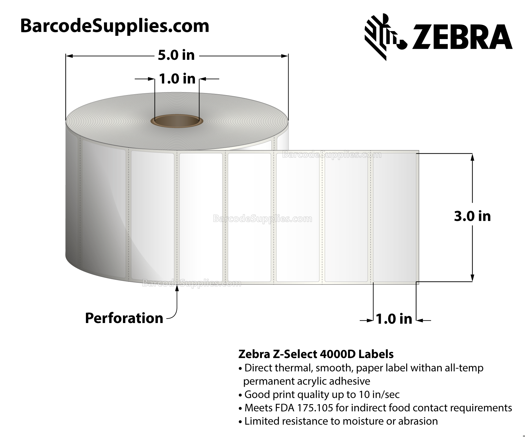 3 x 1 Direct Thermal White Z-Select 4000D Labels With All-Temp Adhesive - Perforated - 2340 Labels Per Roll - Carton Of 6 Rolls - 14040 Labels Total - MPN: 10010043