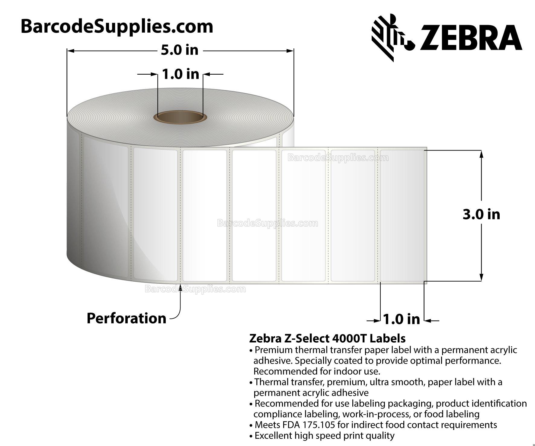 3 x 1 Thermal Transfer White Z-Select 4000T Labels With Permanent Adhesive - Perforated - 2580 Labels Per Roll - Carton Of 6 Rolls - 15480 Labels Total - MPN: 10009528
