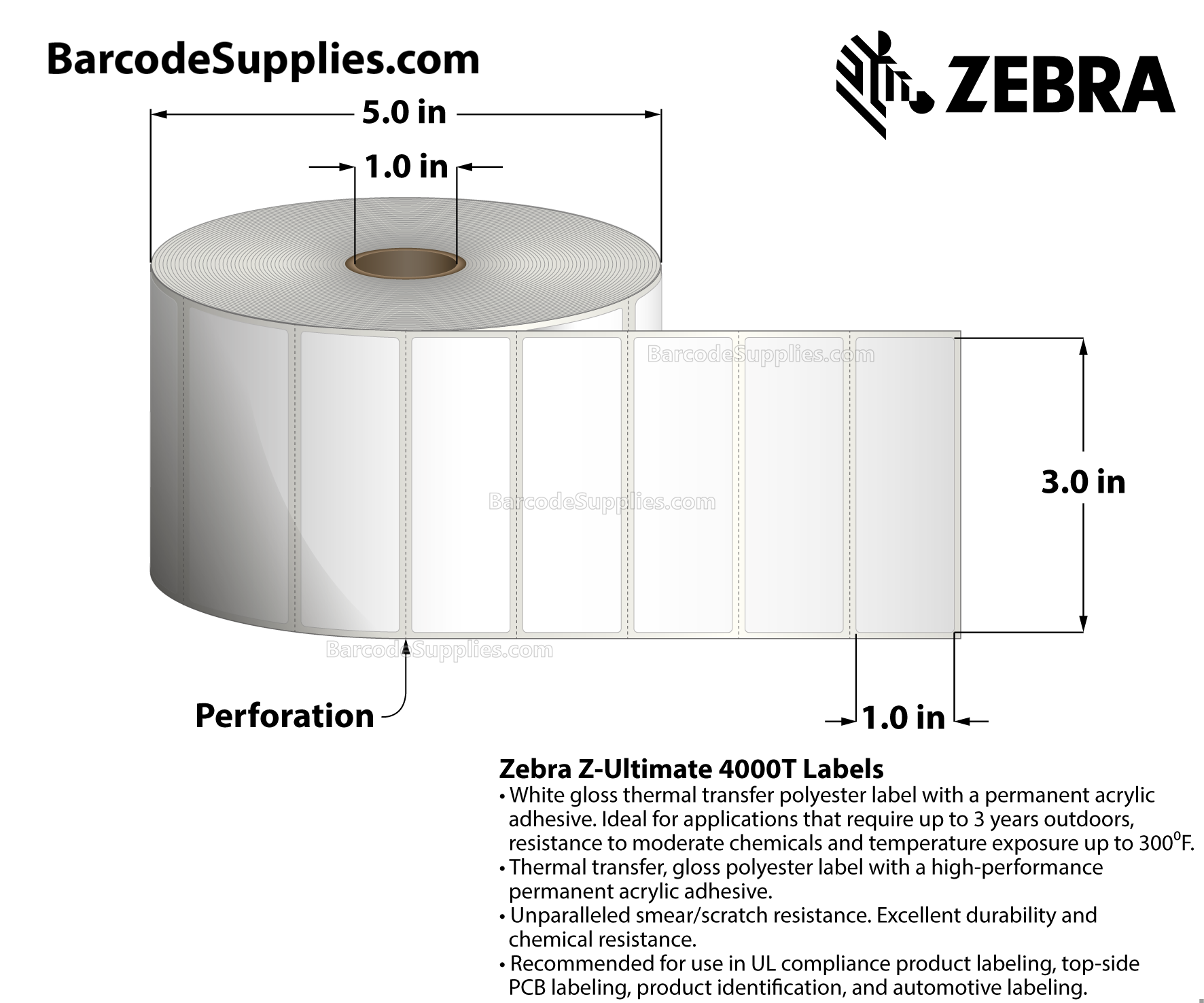 3 x 1 Thermal Transfer White Z-Ultimate 4000T Labels With Permanent Adhesive - Perforated - 2530 Labels Per Roll - Carton Of 6 Rolls - 15180 Labels Total - MPN: 10002630