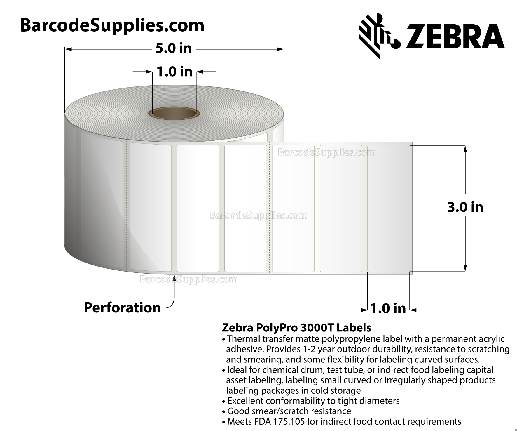 3 x 1 Thermal Transfer White PolyPro 3000T Labels With Permanent Adhesive - Perforated - 2100 Labels Per Roll - Carton Of 8 Rolls - 16800 Labels Total - MPN: 18924
