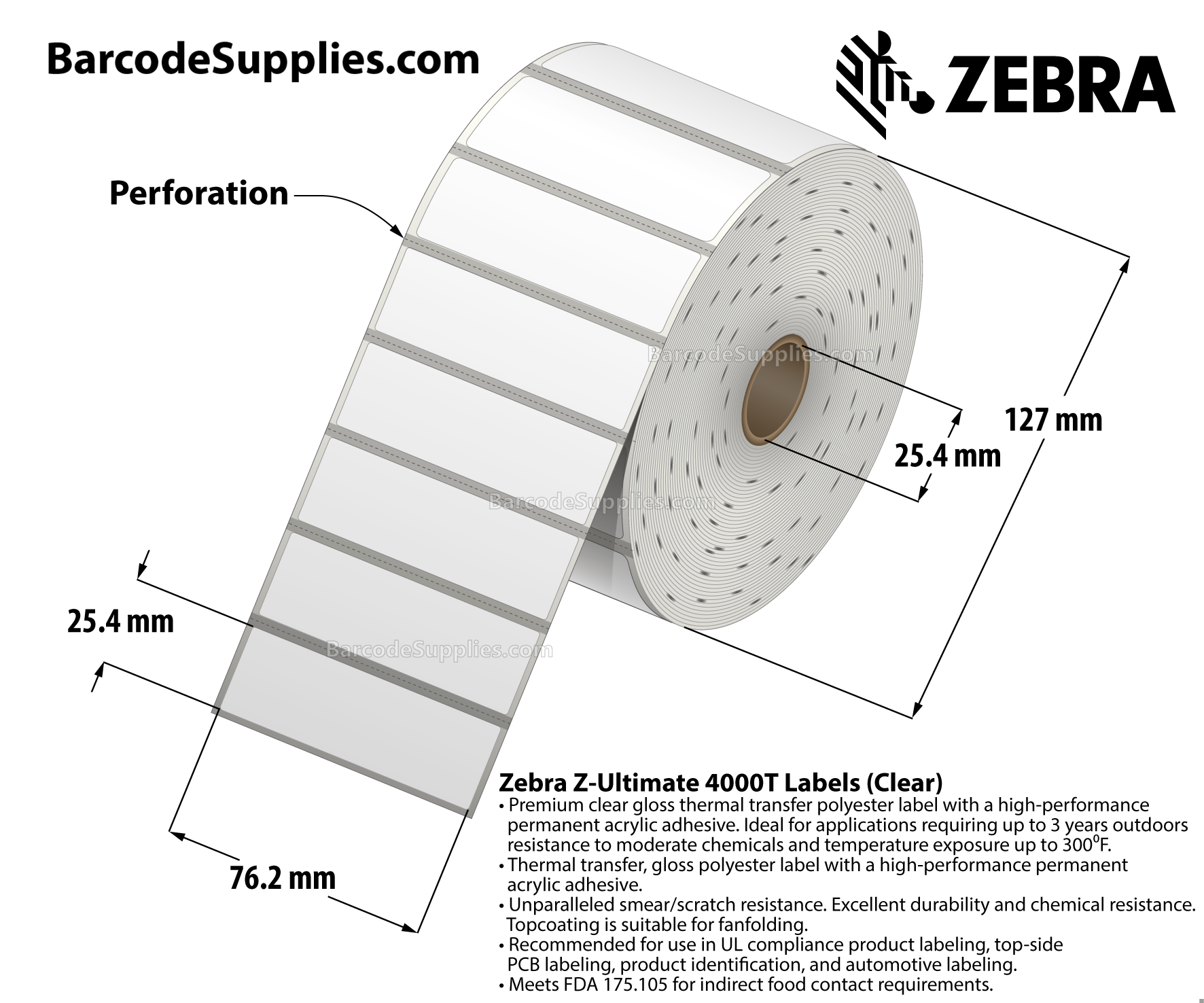 3 x 1 Thermal Transfer Clear Z-Ultimate 4000T Clear Labels With Permanent Adhesive - Black mark sensing - Black Mark - 1500 Labels Per Roll - Carton Of 1 Rolls - 1500 Labels Total - MPN: 10023046