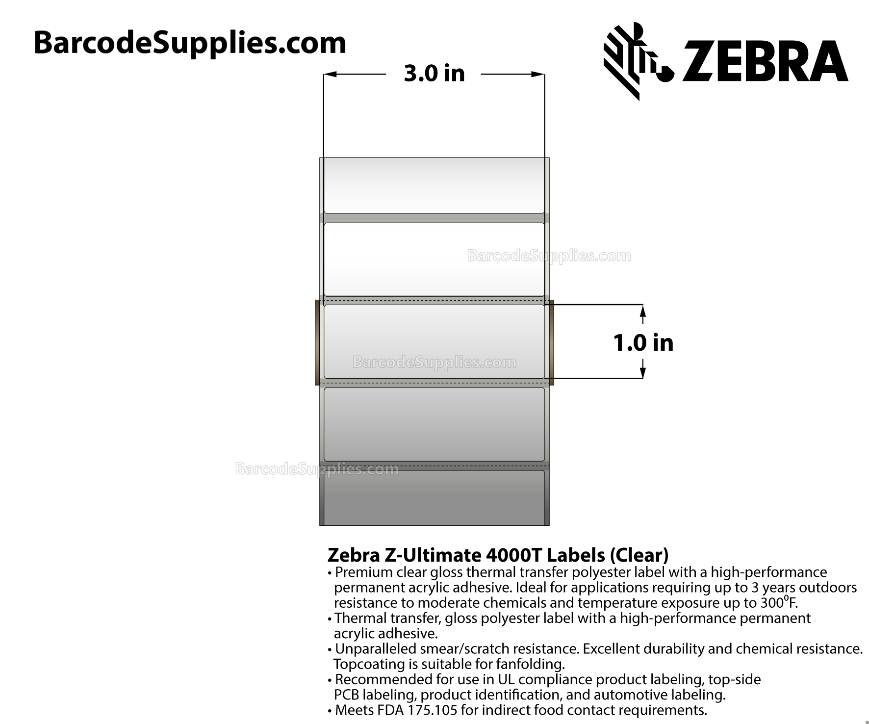 3 x 1 Thermal Transfer Clear Z-Ultimate 4000T Clear Labels With Permanent Adhesive - Black mark sensing - Black Mark - 1500 Labels Per Roll - Carton Of 1 Rolls - 1500 Labels Total - MPN: 10023046