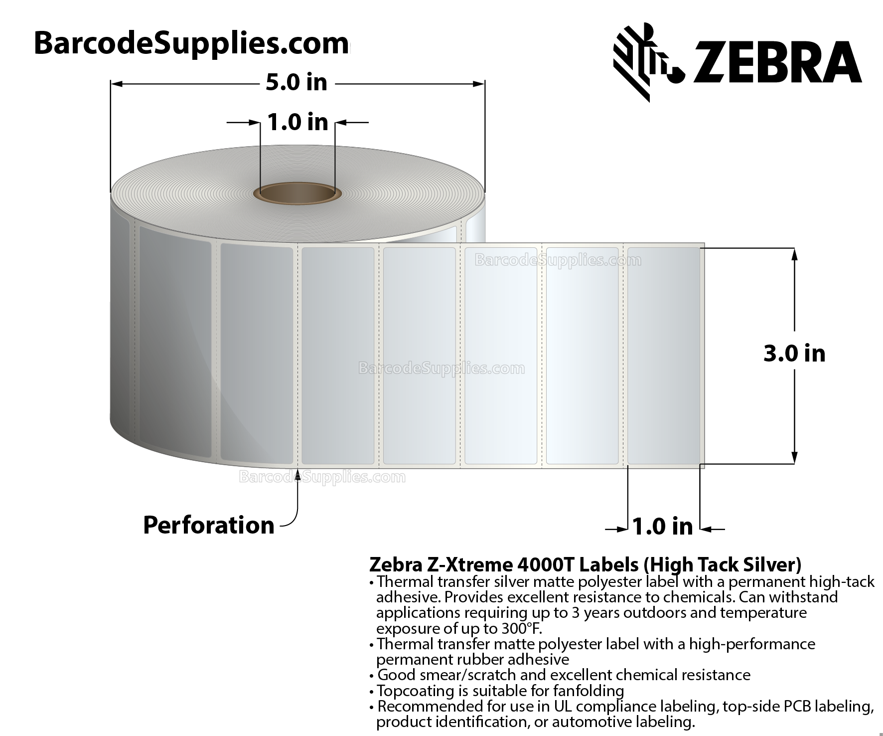 3 x 1 Thermal Transfer Silver Z-Xtreme 4000T High-Tack Silver Labels With High-tack Adhesive - Perforated - 1500 Labels Per Roll - Carton Of 1 Rolls - 1500 Labels Total - MPN: 10023178