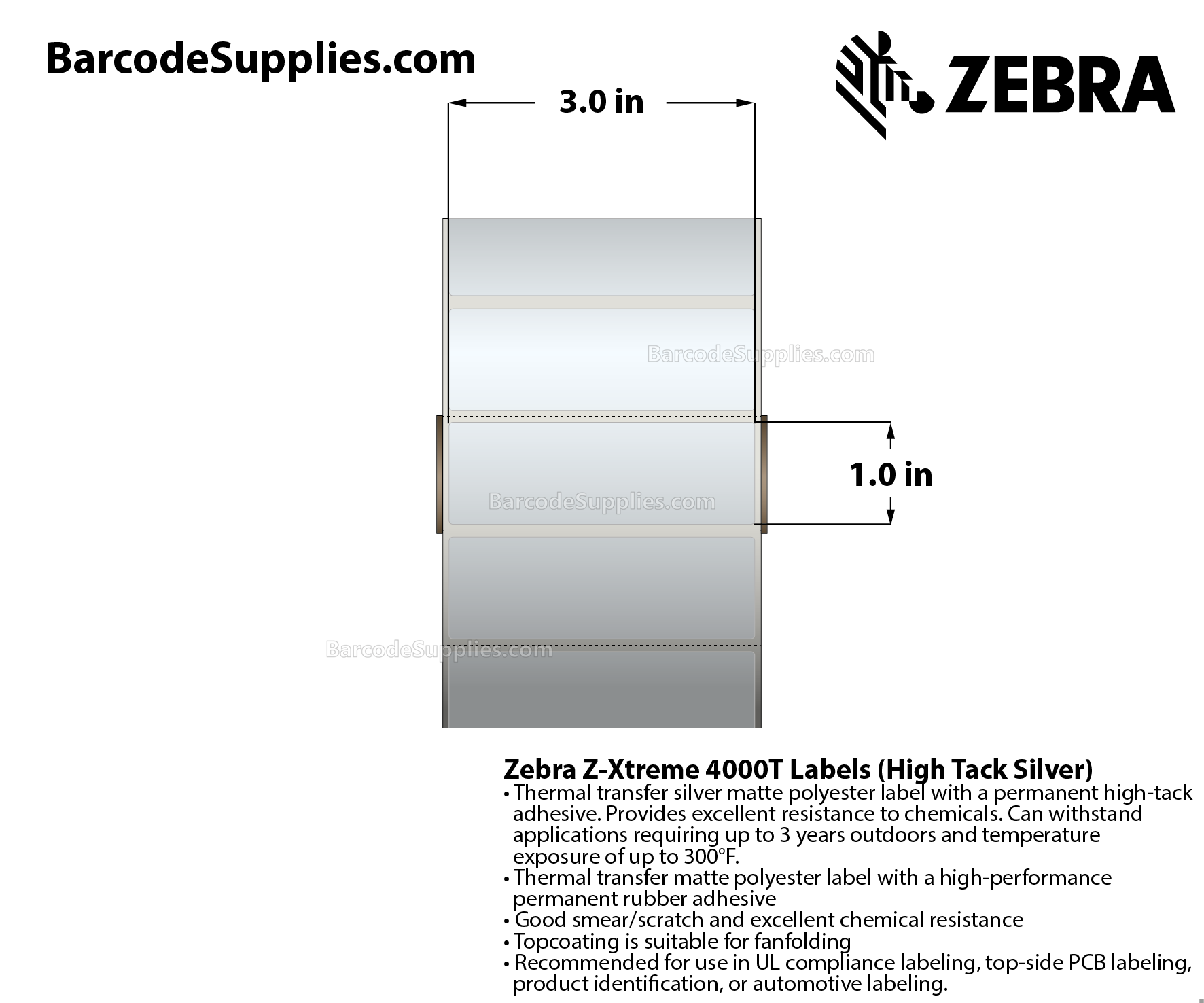 3 x 1 Thermal Transfer Silver Z-Xtreme 4000T High-Tack Silver Labels With High-tack Adhesive - Perforated - 1500 Labels Per Roll - Carton Of 1 Rolls - 1500 Labels Total - MPN: 10023178