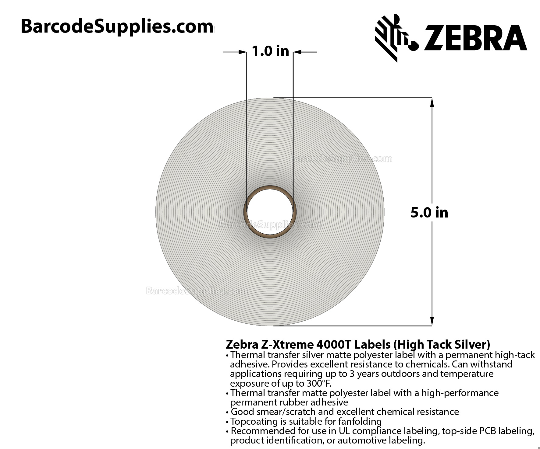 3 x 1 Thermal Transfer Silver Z-Xtreme 4000T High-Tack Silver Labels With High-tack Adhesive - Perforated - 1500 Labels Per Roll - Carton Of 1 Rolls - 1500 Labels Total - MPN: 10023178