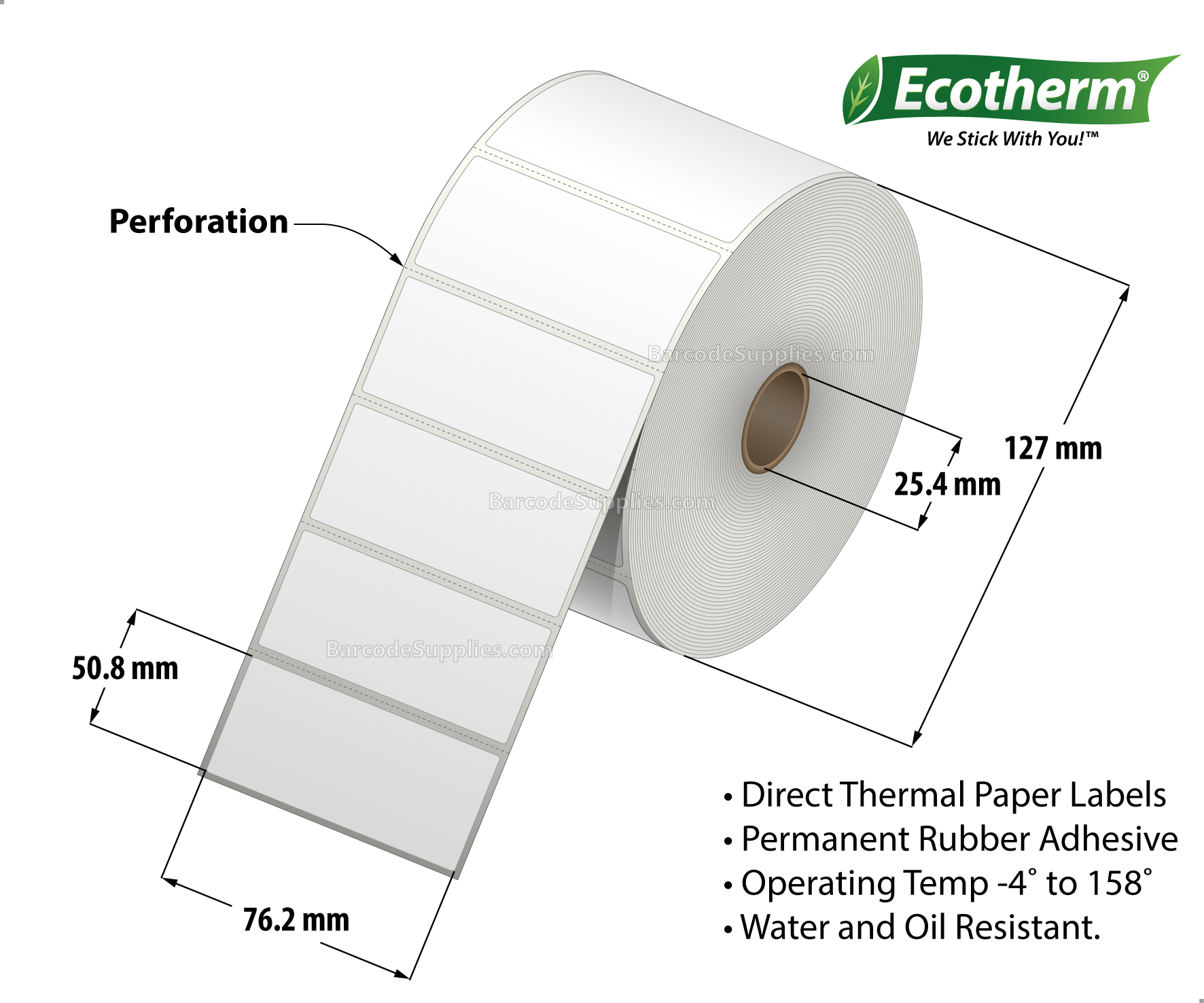 3 x 2 Direct Thermal White Labels With Rubber Adhesive - Perforated - 1240 Labels Per Roll - Carton Of 6 Rolls - 7440 Labels Total - MPN: ECOTHERM15139-6