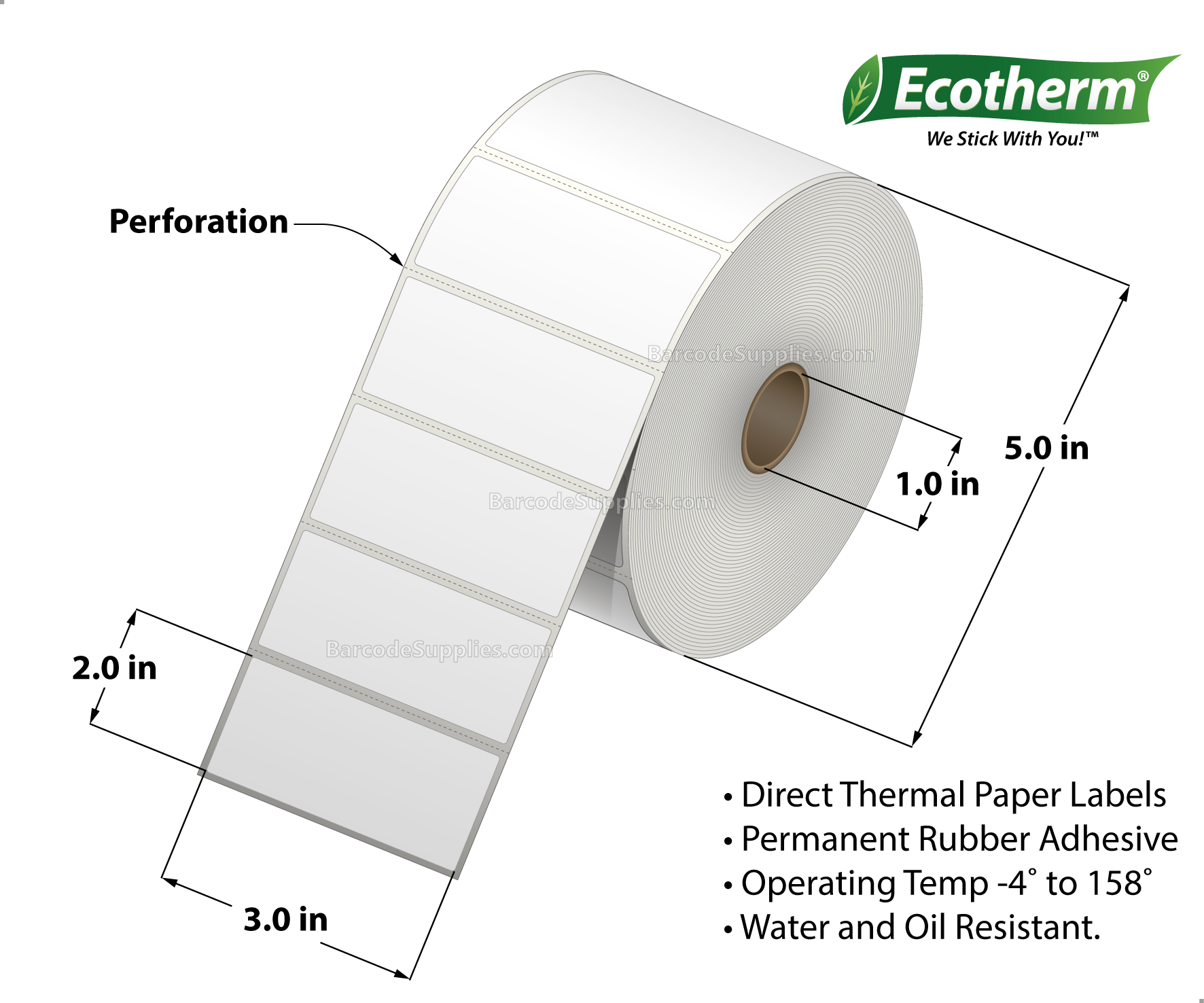 3 x 2 Direct Thermal White Labels With Rubber Adhesive - Perforated - 1240 Labels Per Roll - Carton Of 6 Rolls - 7440 Labels Total - MPN: ECOTHERM15139-6