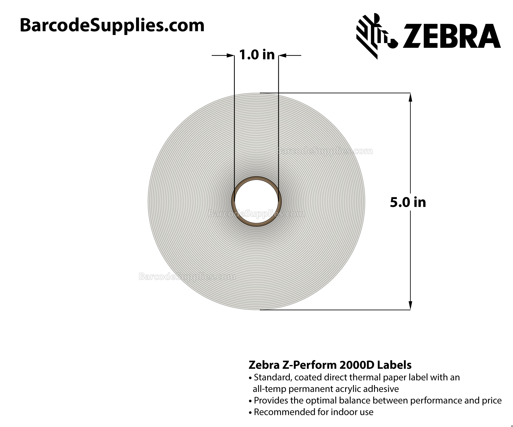 3 x 2 Direct Thermal White Z-Perform 2000D Labels With All-Temp Adhesive - Perforated - 1240 Labels Per Roll - Carton Of 6 Rolls - 7440 Labels Total - MPN: 10010029