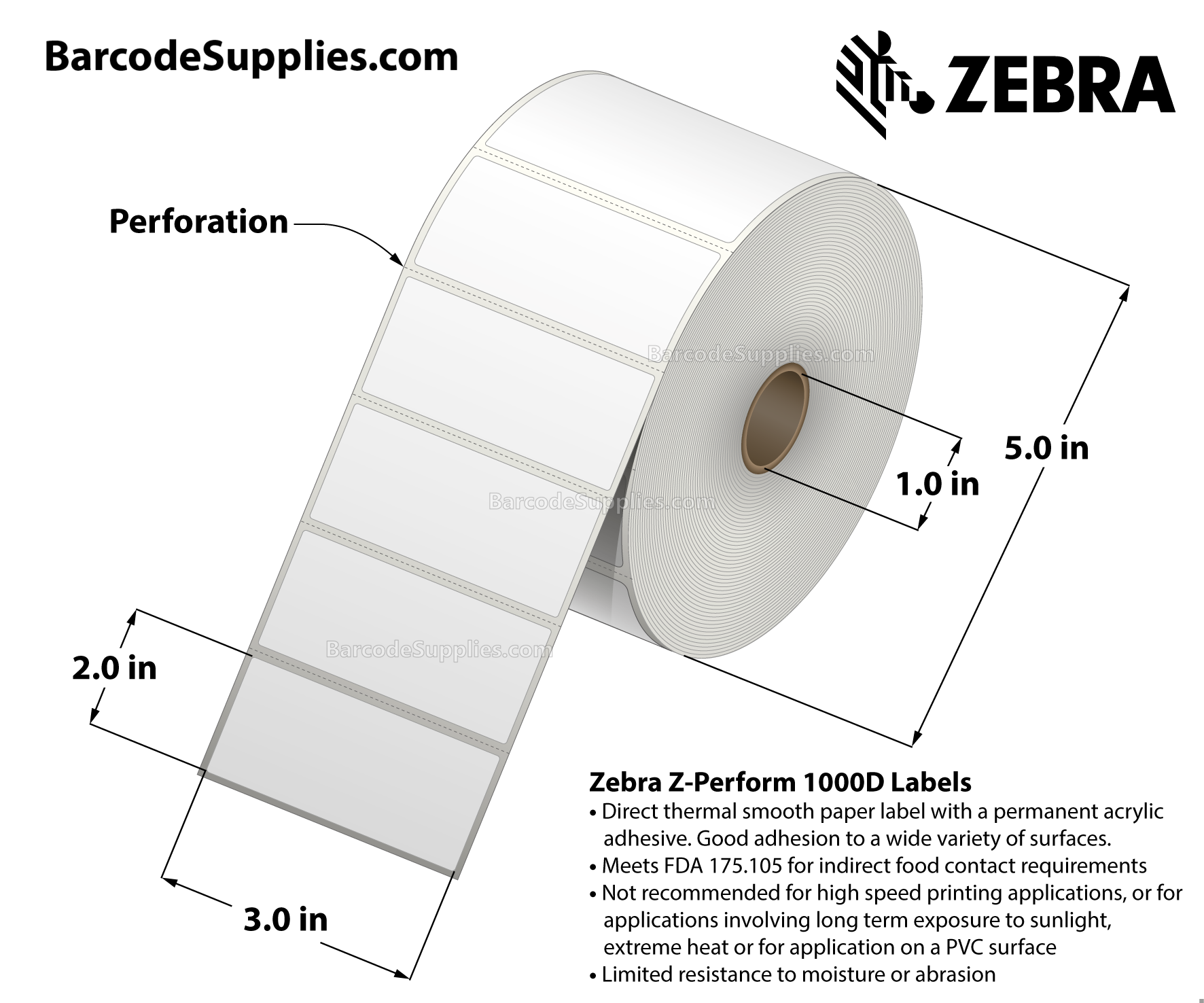 3 x 2 Direct Thermal White Z-Perform 1000D Labels With Permanent Adhesive - Perforated - 1240 Labels Per Roll - Carton Of 6 Rolls - 7440 Labels Total - MPN: 10026378