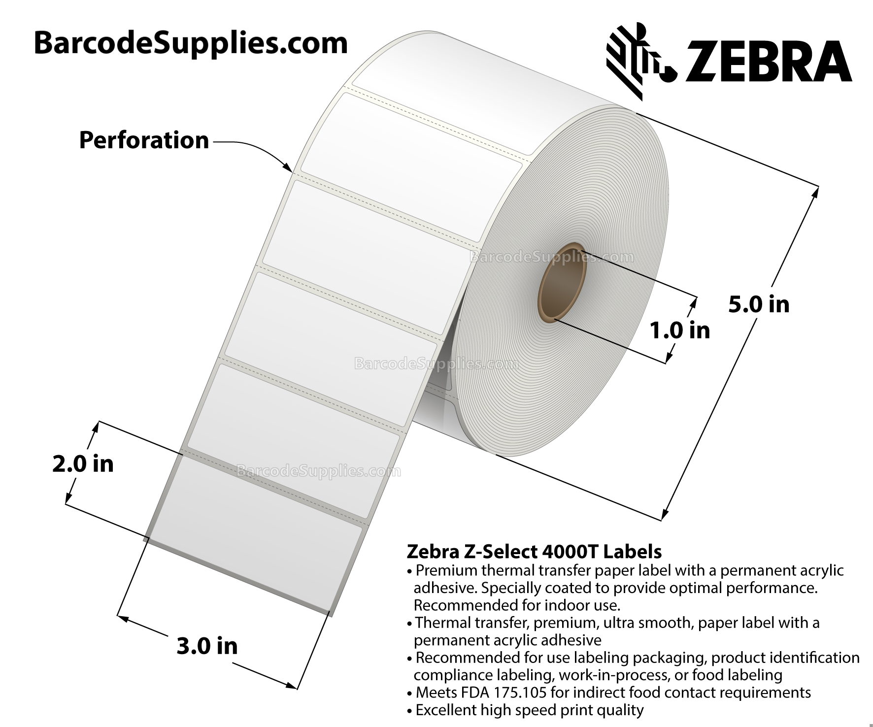 3 x 2 Thermal Transfer White Z-Select 4000T Labels With Permanent Adhesive - Perforated - 1370 Labels Per Roll - Carton Of 6 Rolls - 8220 Labels Total - MPN: 10009529