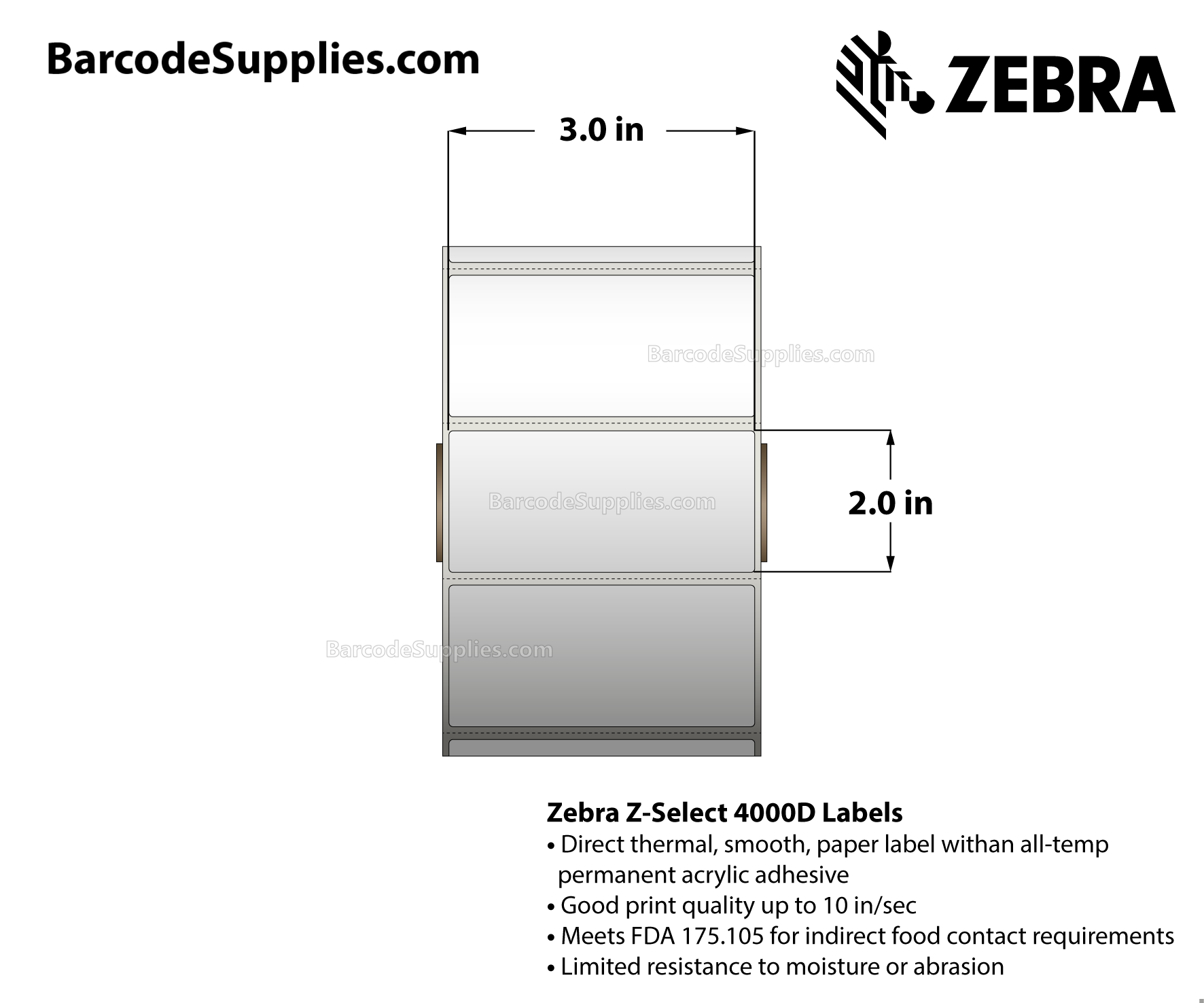 3 x 2 Direct Thermal White Z-Select 4000D Labels With All-Temp Adhesive - Perforated - 1240 Labels Per Roll - Carton Of 6 Rolls - 7440 Labels Total - MPN: 10010044